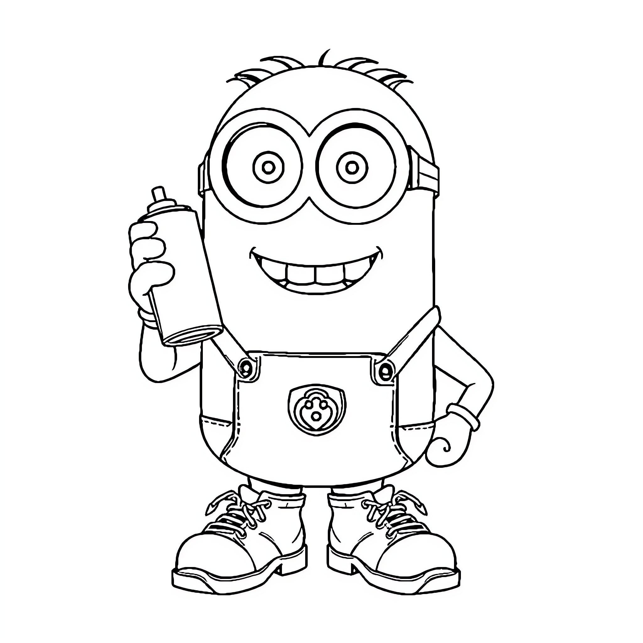 Minion holding a spray bottle with a smile Coloring Page (free black-and-white line drawing printable PDF for all, from beginners to advanced learners, including children, teens, adults, and seniors)