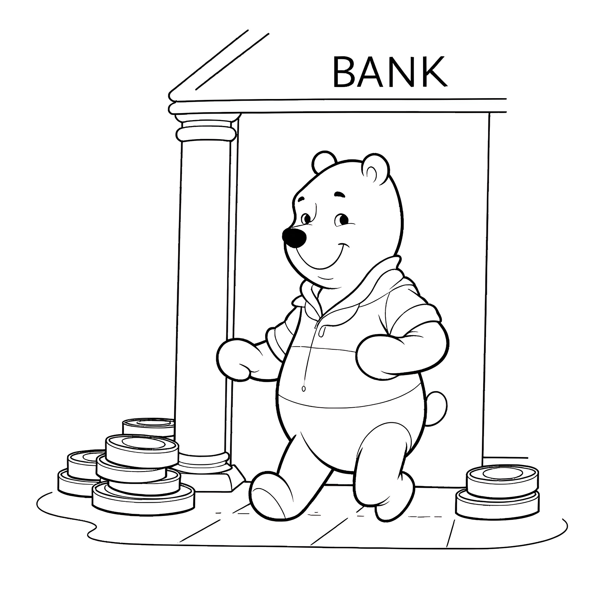 Winnie The Pooh outside the bank with money Coloring Page (free black-and-white line drawing printable PDF for all, from beginners to advanced learners, including children, teens, adults, and seniors)