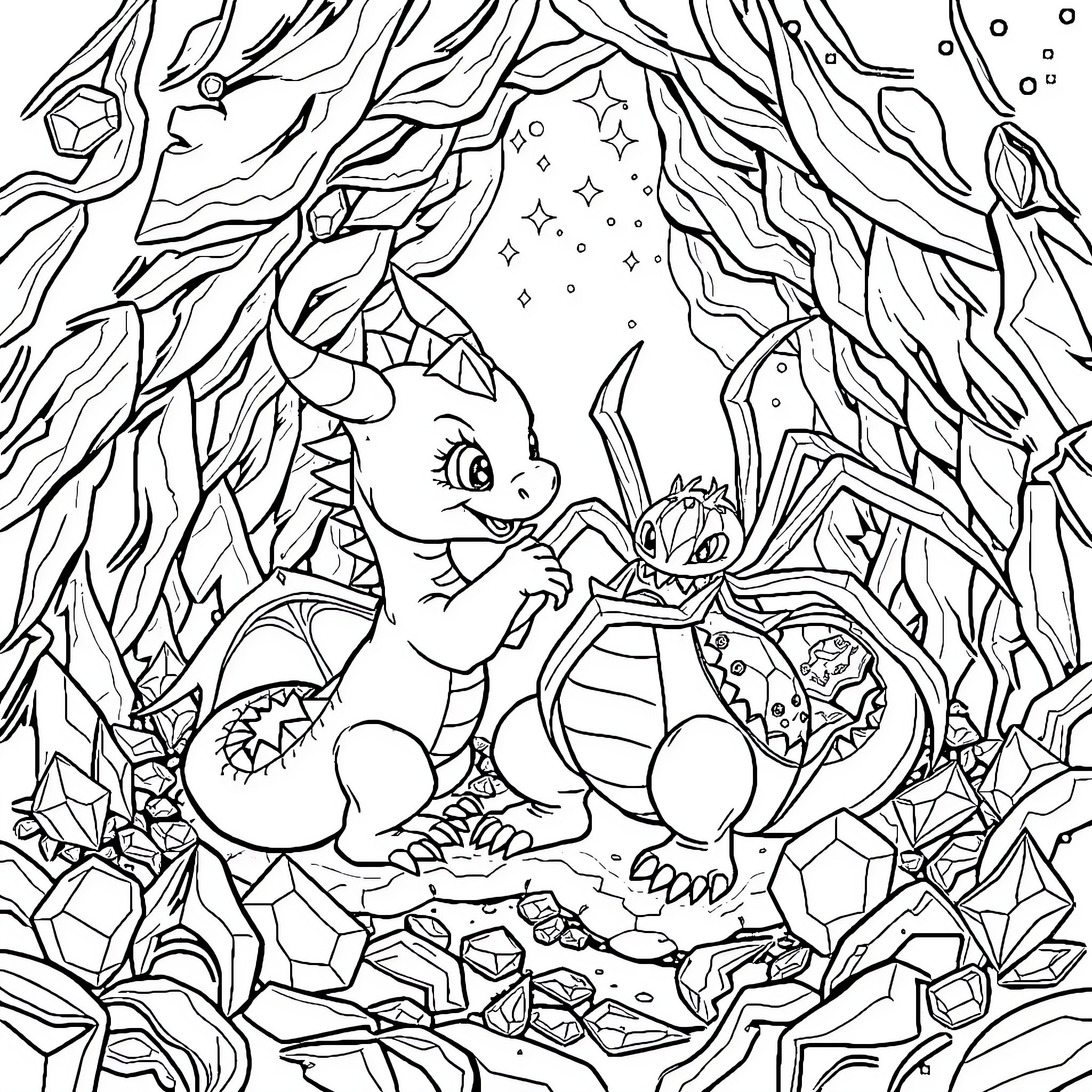 Dragon Hatchlings Exploring Enchanted Forest Coloring Page (free black-and-white line drawing printable PDF for all, from beginners to advanced learners, including children, teens, adults, and seniors)