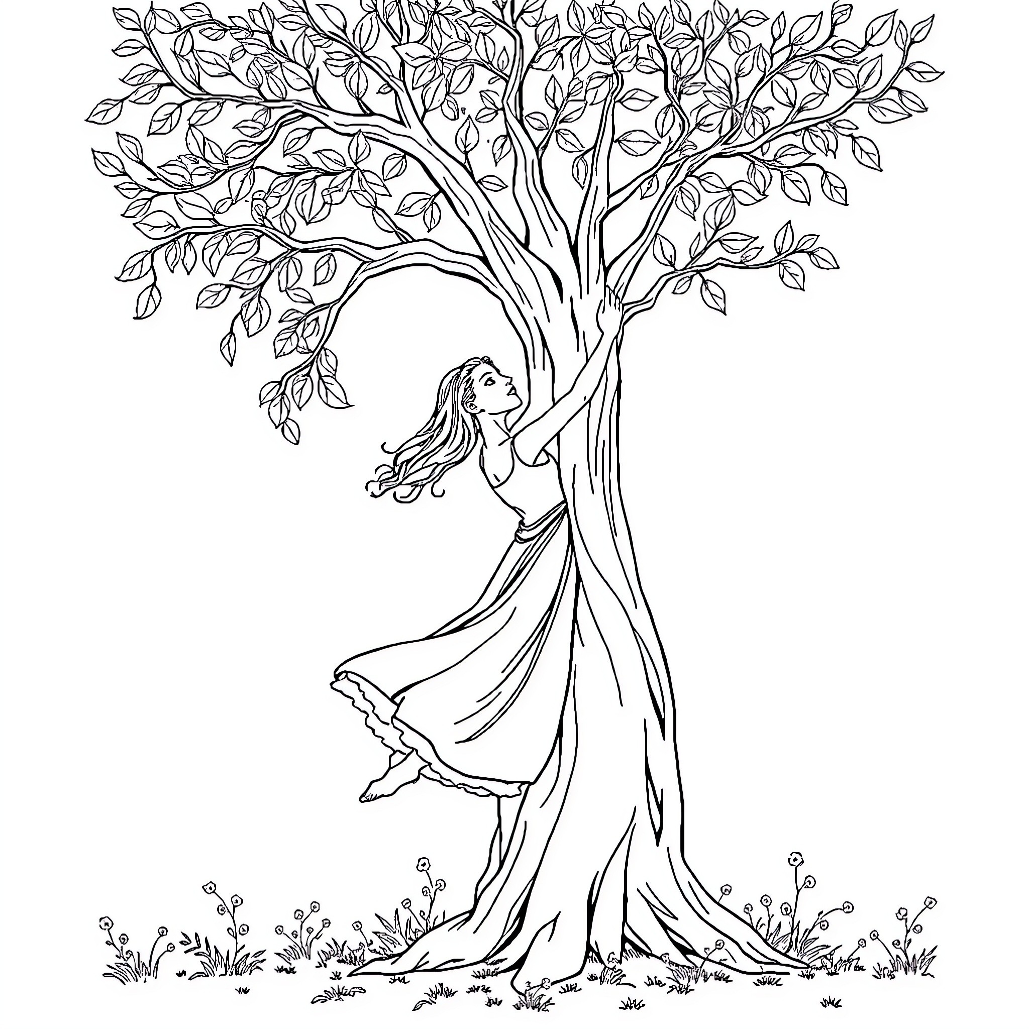 Tree embracing a woman in nature Coloring Page (free black-and-white line drawing printable PDF for all, from beginners to advanced learners, including children, teens, adults, and seniors)