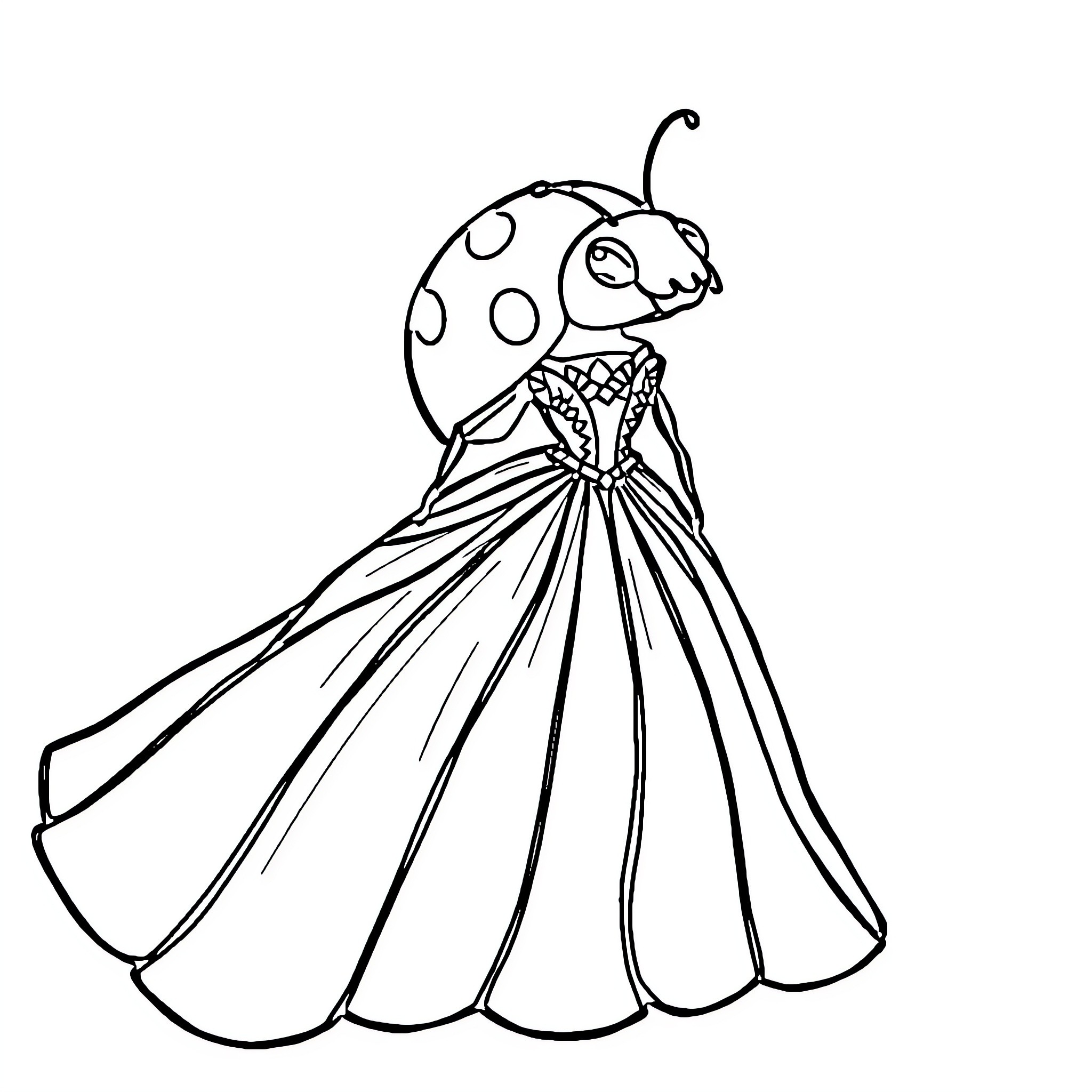 Ladybug in a Fancy Dress Coloring Page (free black-and-white line drawing printable PDF for all, from beginners to advanced learners, including children, teens, adults, and seniors)