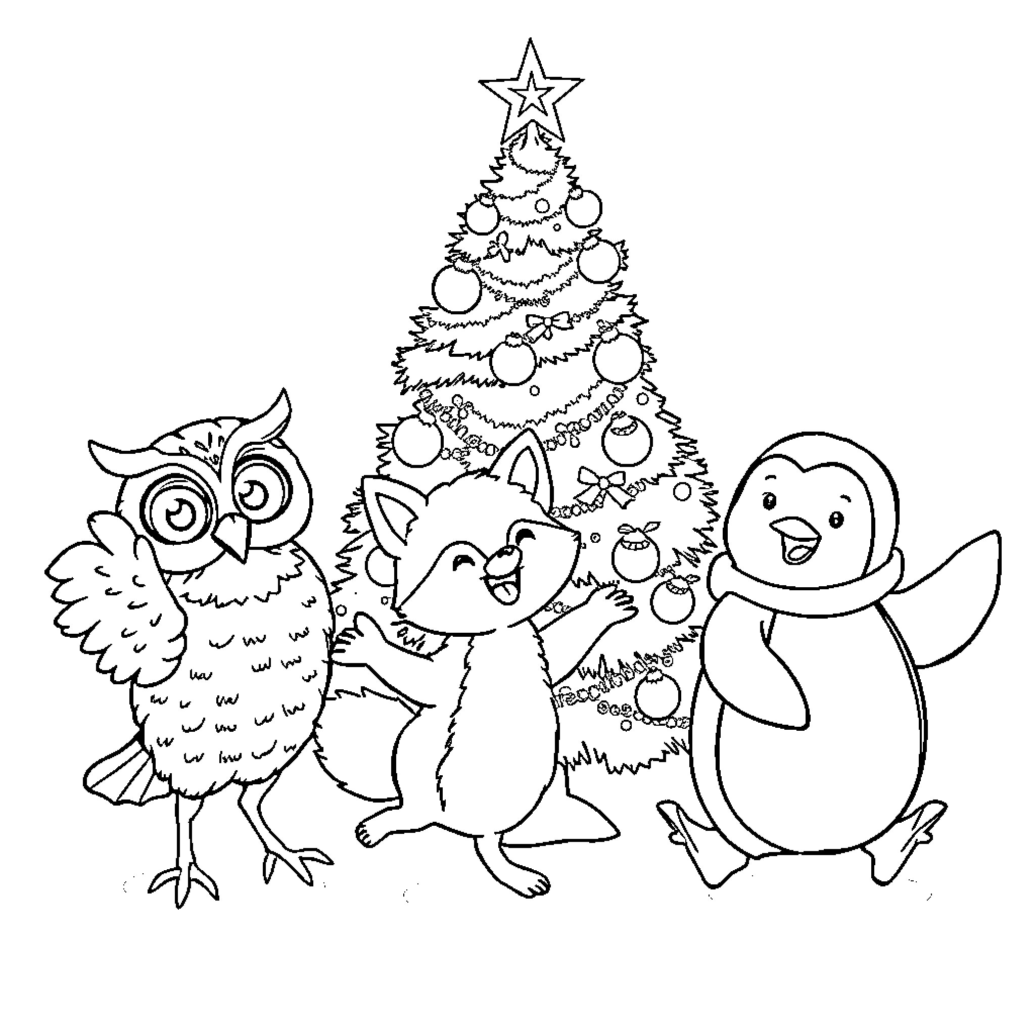Owl, raccoon and penguin celebrating Christmas together Coloring Page (free black-and-white line drawing printable PDF for all, from beginners to advanced learners, including children, teens, adults, and seniors)