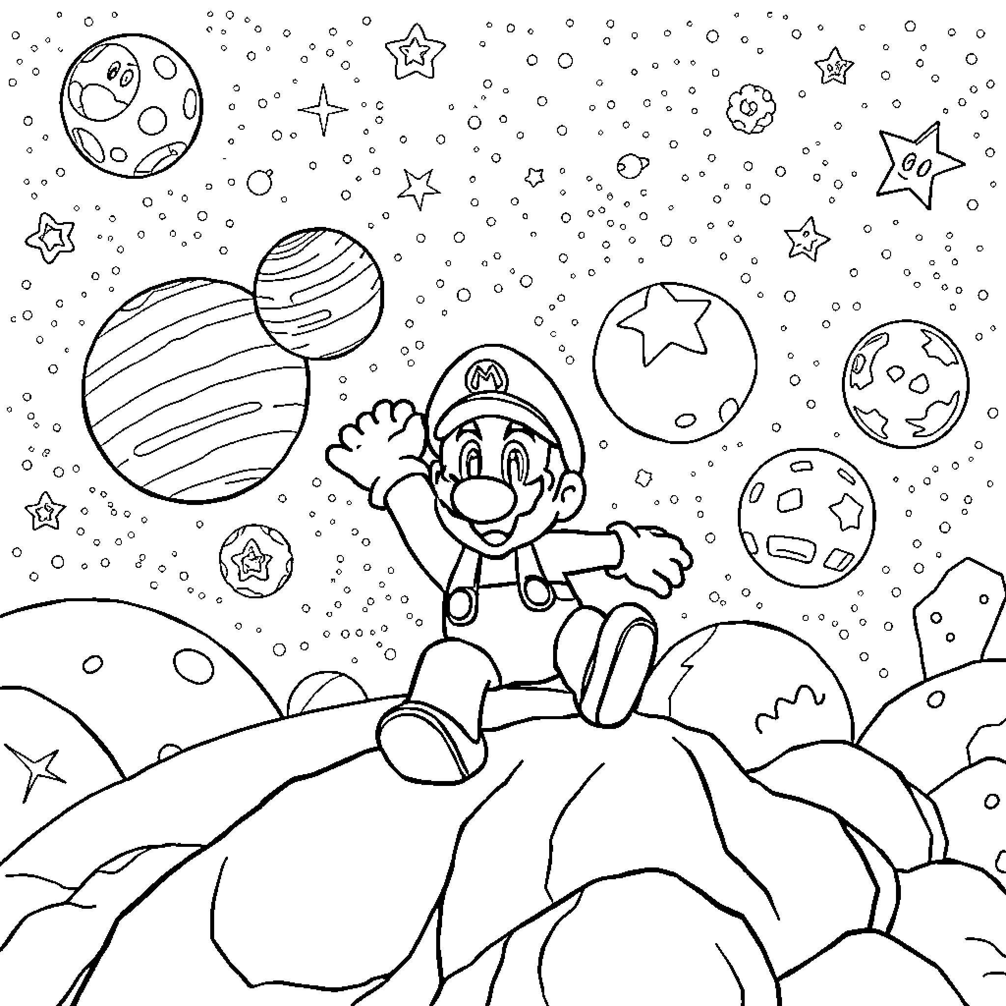 Mario exploring the cosmic landscape Coloring Page (free black-and-white line drawing printable PDF for all, from beginners to advanced learners, including children, teens, adults, and seniors)