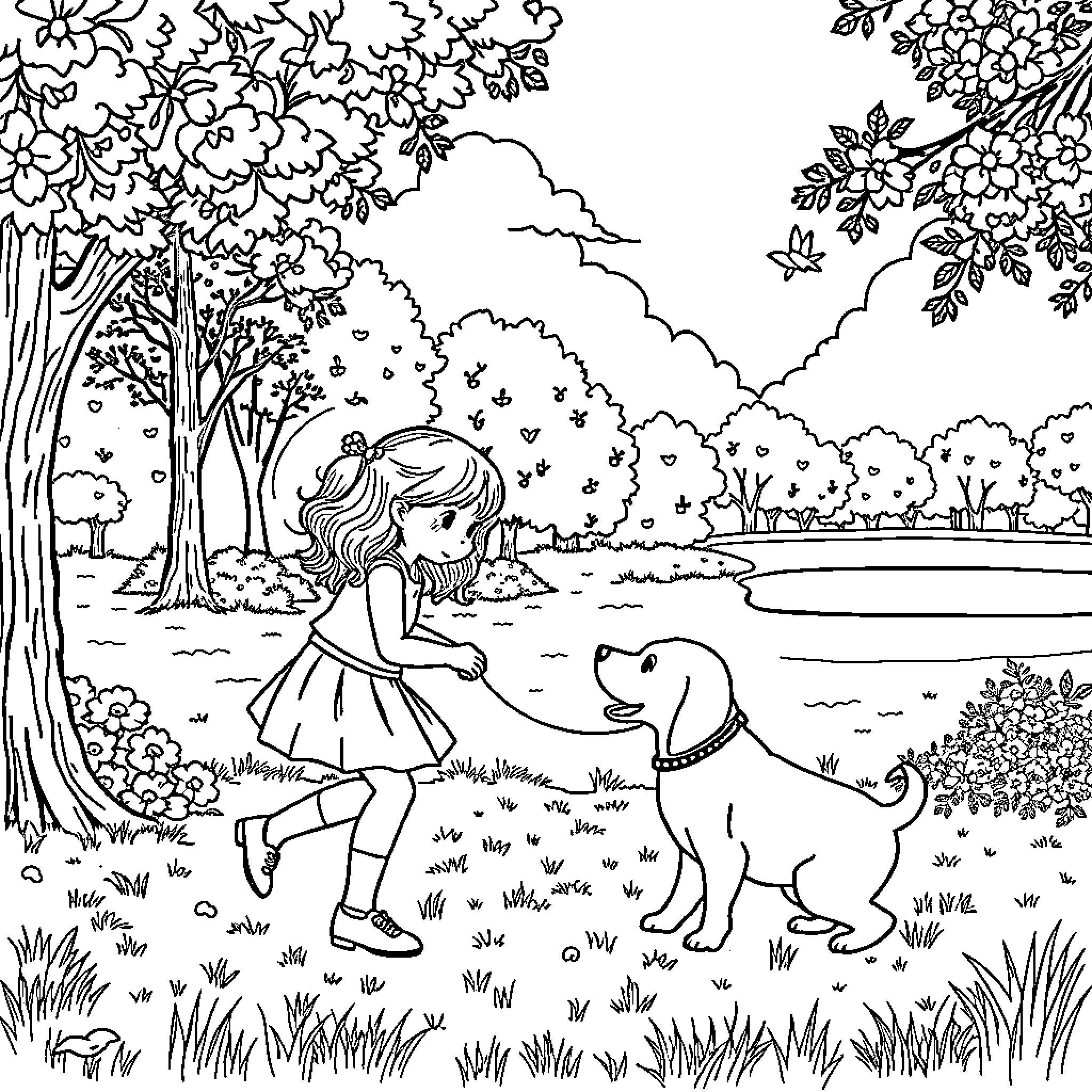 Dog and girl playing in the park Coloring Page (free black-and-white line drawing printable PDF for all, from beginners to advanced learners, including children, teens, adults, and seniors)