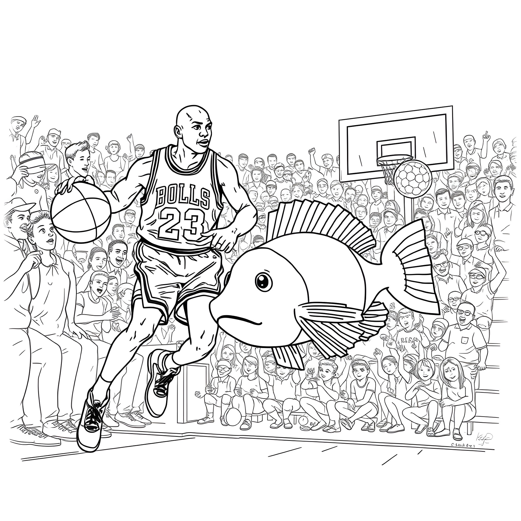 Michael Jordan Dribbling Basketball with Crowd and Fish Coloring Page (free black-and-white line drawing printable PDF for all, from beginners to advanced learners, including children, teens, adults, and seniors)
