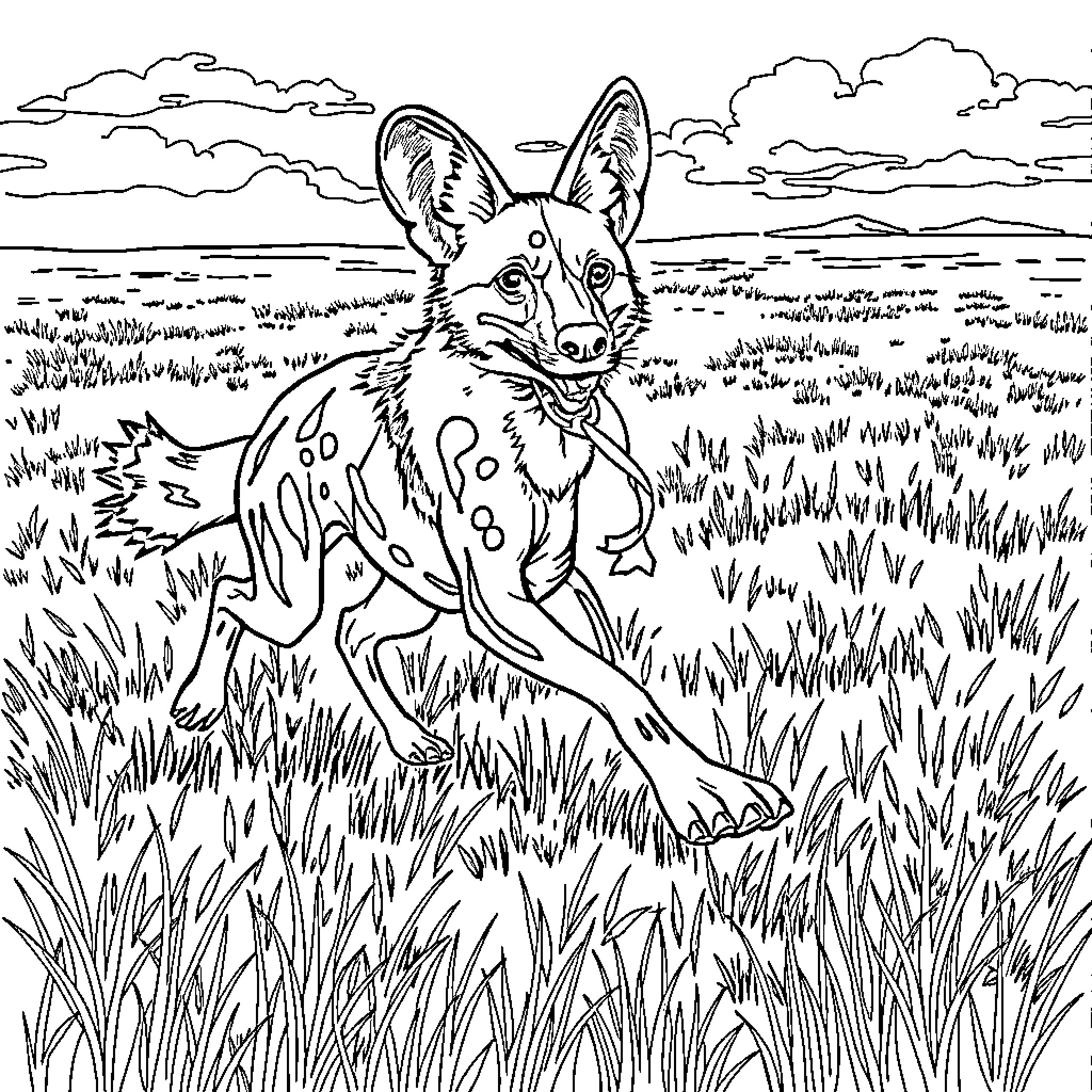 African Wild Dog Wandering in the Grassland Coloring Page (free black-and-white line drawing printable PDF for all, from beginners to advanced learners, including children, teens, adults, and seniors)