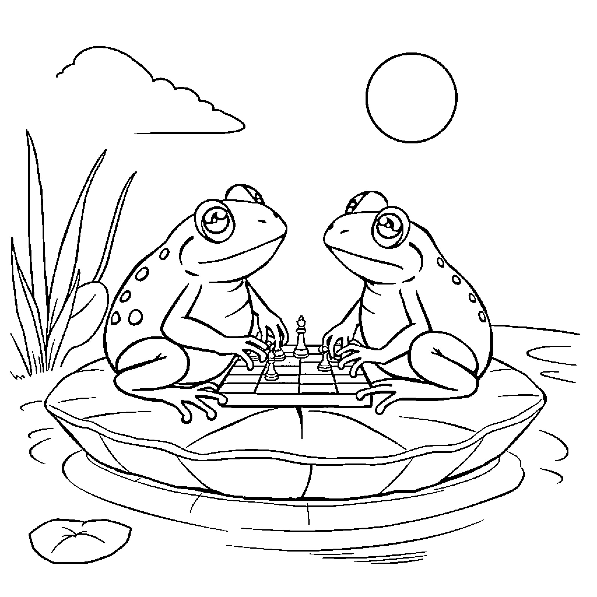 Frogs playing chess on a lily pad Coloring Page (free black-and-white line drawing printable PDF for all, from beginners to advanced learners, including children, teens, adults, and seniors)