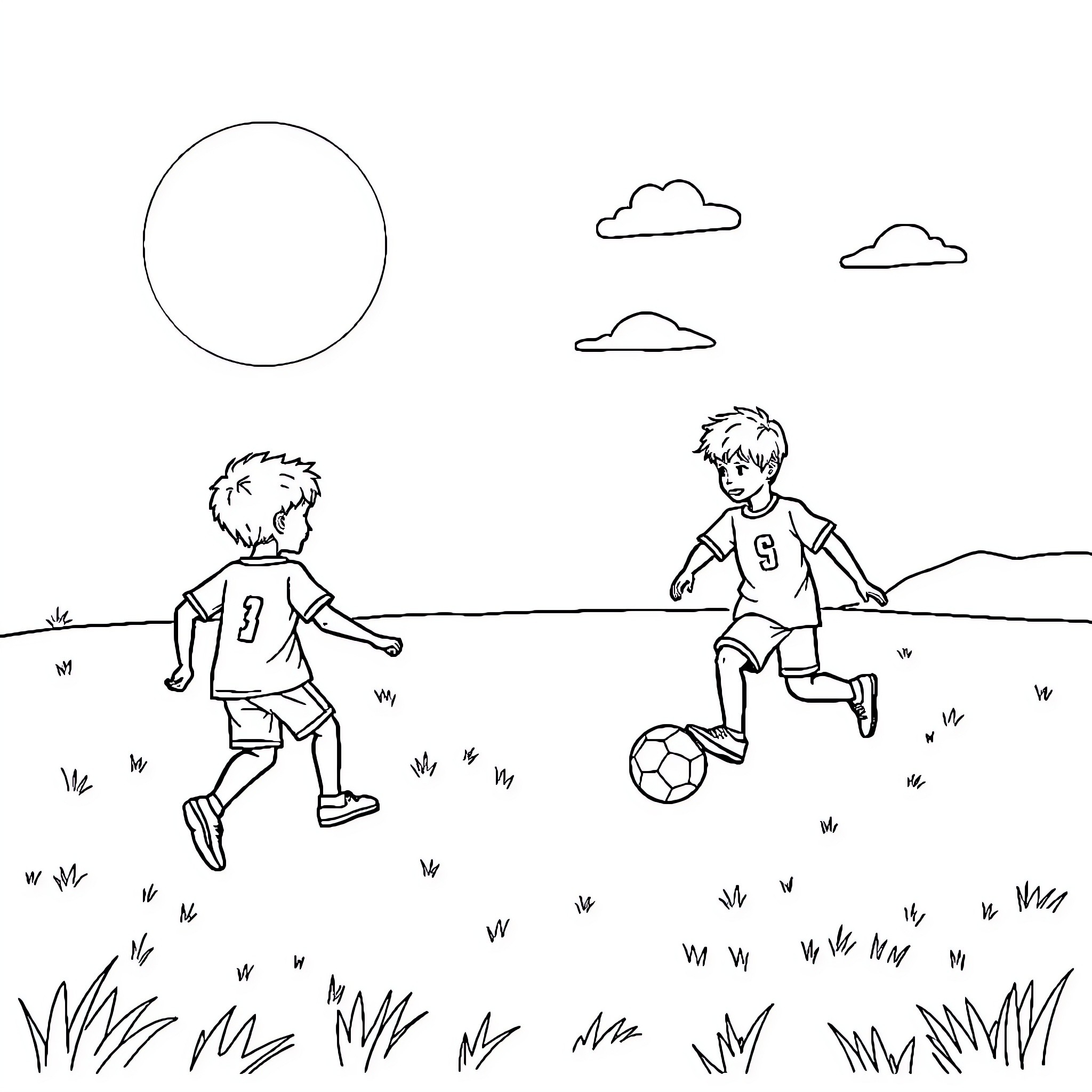 Soccer players enjoying the game outdoors Coloring Page (free black-and-white line drawing printable PDF for all, from beginners to advanced learners, including children, teens, adults, and seniors)