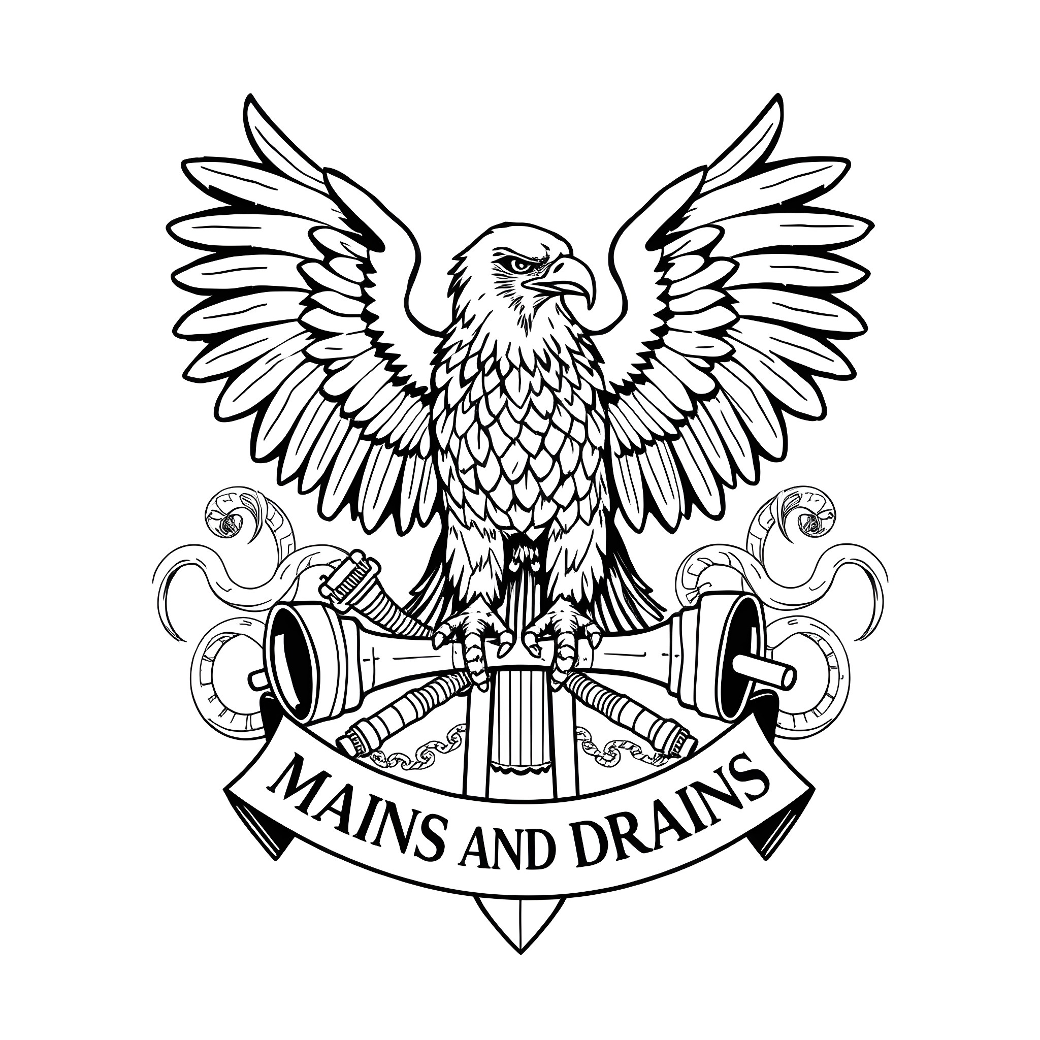 Eagle with Detailed Wings and Plumbing Tools Coloring Page (free black-and-white line drawing printable PDF for all, from beginners to advanced learners, including children, teens, adults, and seniors)