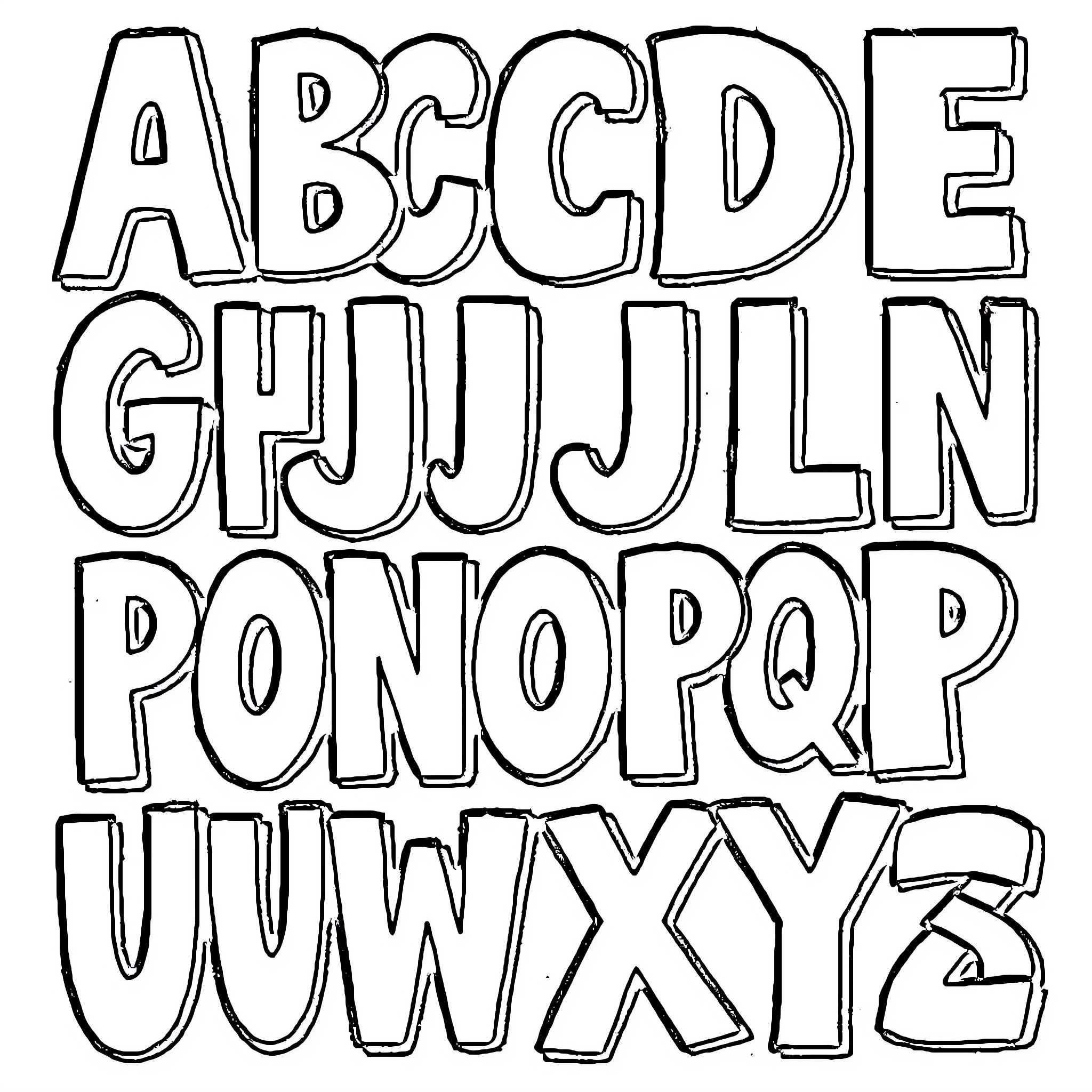 Alphabet letters in hand-drawn style Coloring Page (free black-and-white line drawing printable PDF for all, from beginners to advanced learners, including children, teens, adults, and seniors)