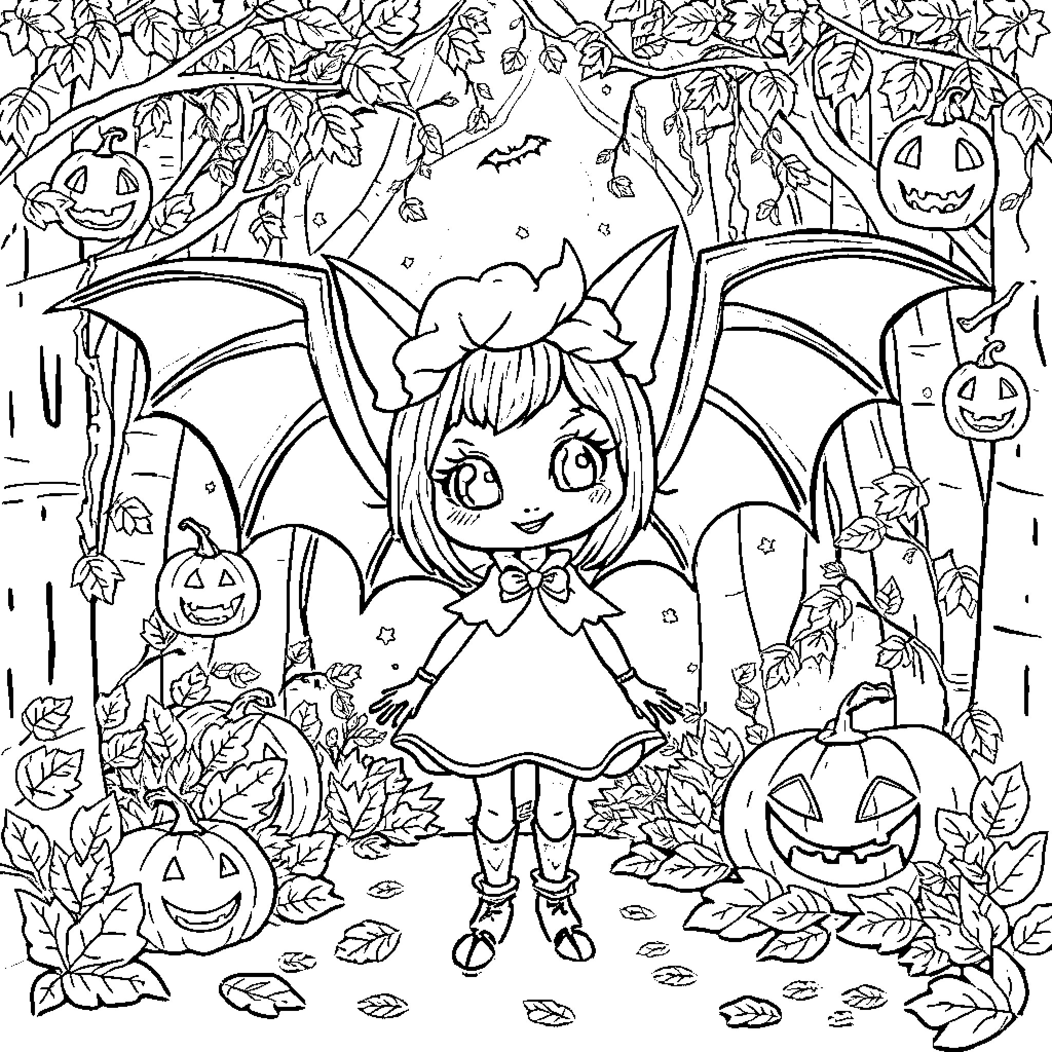 Bat-winged girl in a Halloween forest Coloring Page (free black-and-white line drawing printable PDF for all, from beginners to advanced learners, including children, teens, adults, and seniors)