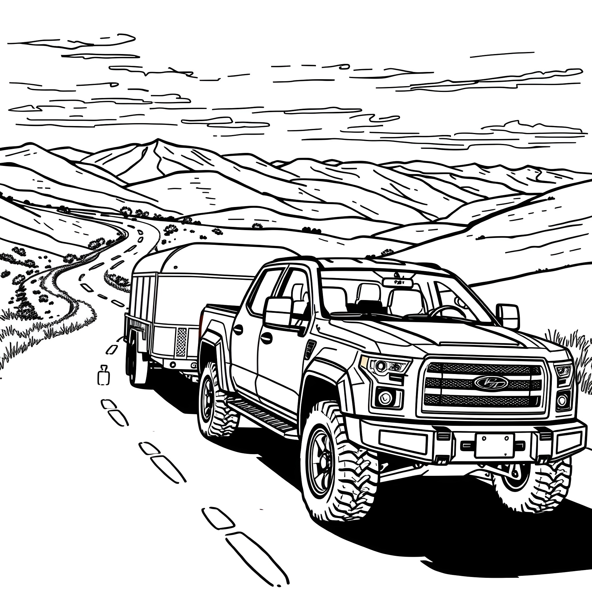 Car Trailer Transporting Through Rugged Landscape Coloring Page (free black-and-white line drawing printable PDF for all, from beginners to advanced learners, including children, teens, adults, and seniors)
