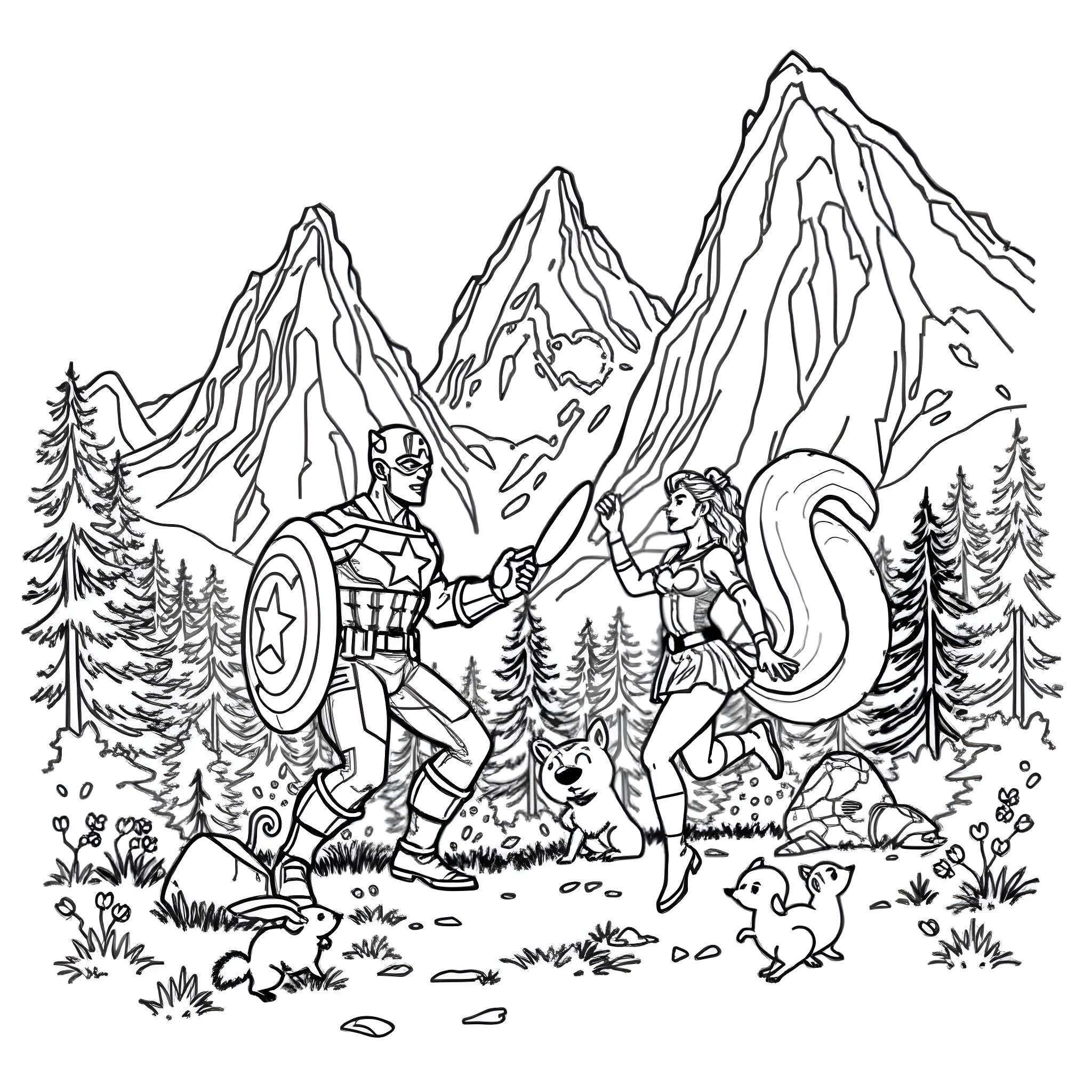 Captain America and Squirrel Girl battle in the mountains Coloring Page (free black-and-white line drawing printable PDF for all, from beginners to advanced learners, including children, teens, adults, and seniors)