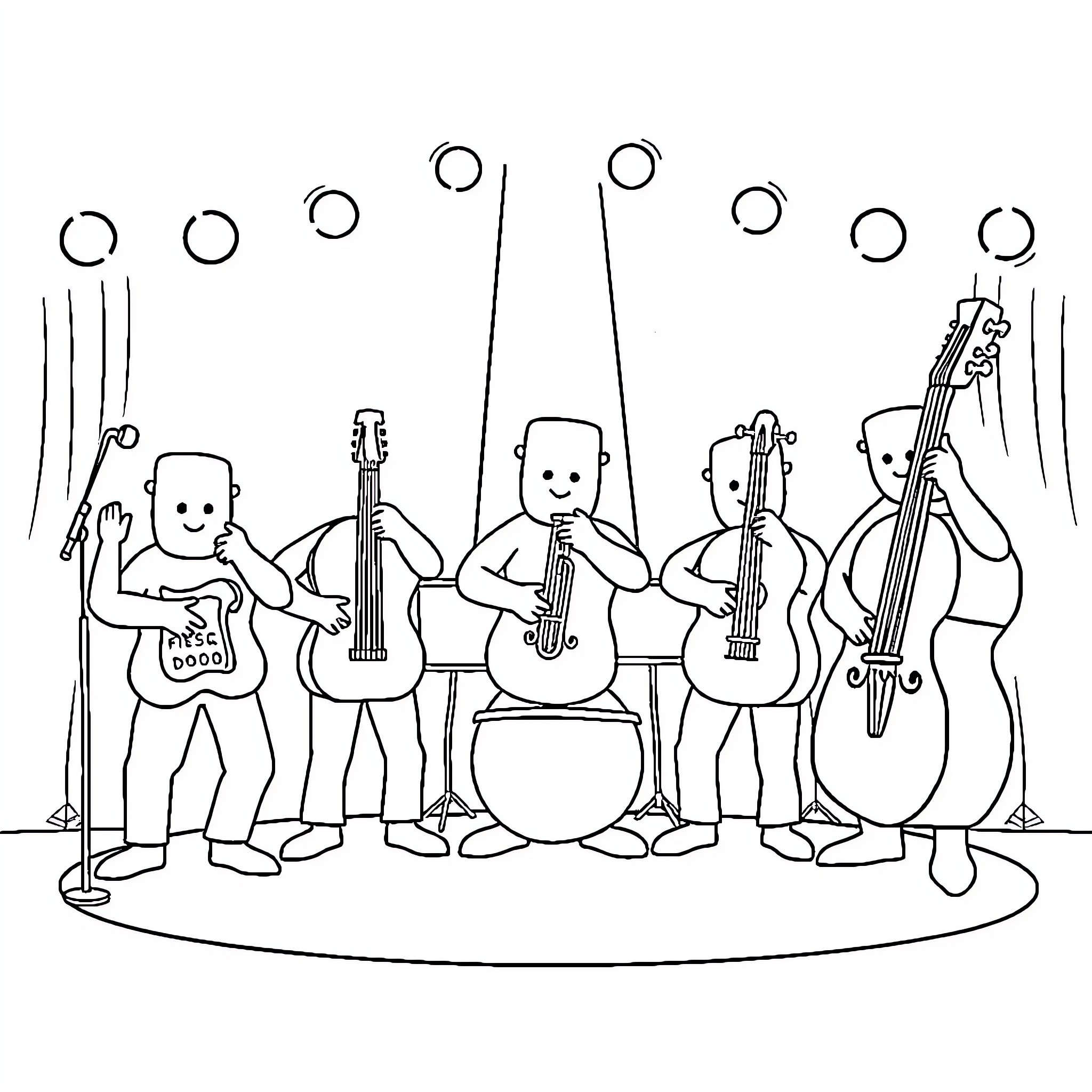 Band Instrument Musicians Playing on Stage Coloring Page (free black-and-white line drawing printable PDF for all, from beginners to advanced learners, including children, teens, adults, and seniors)