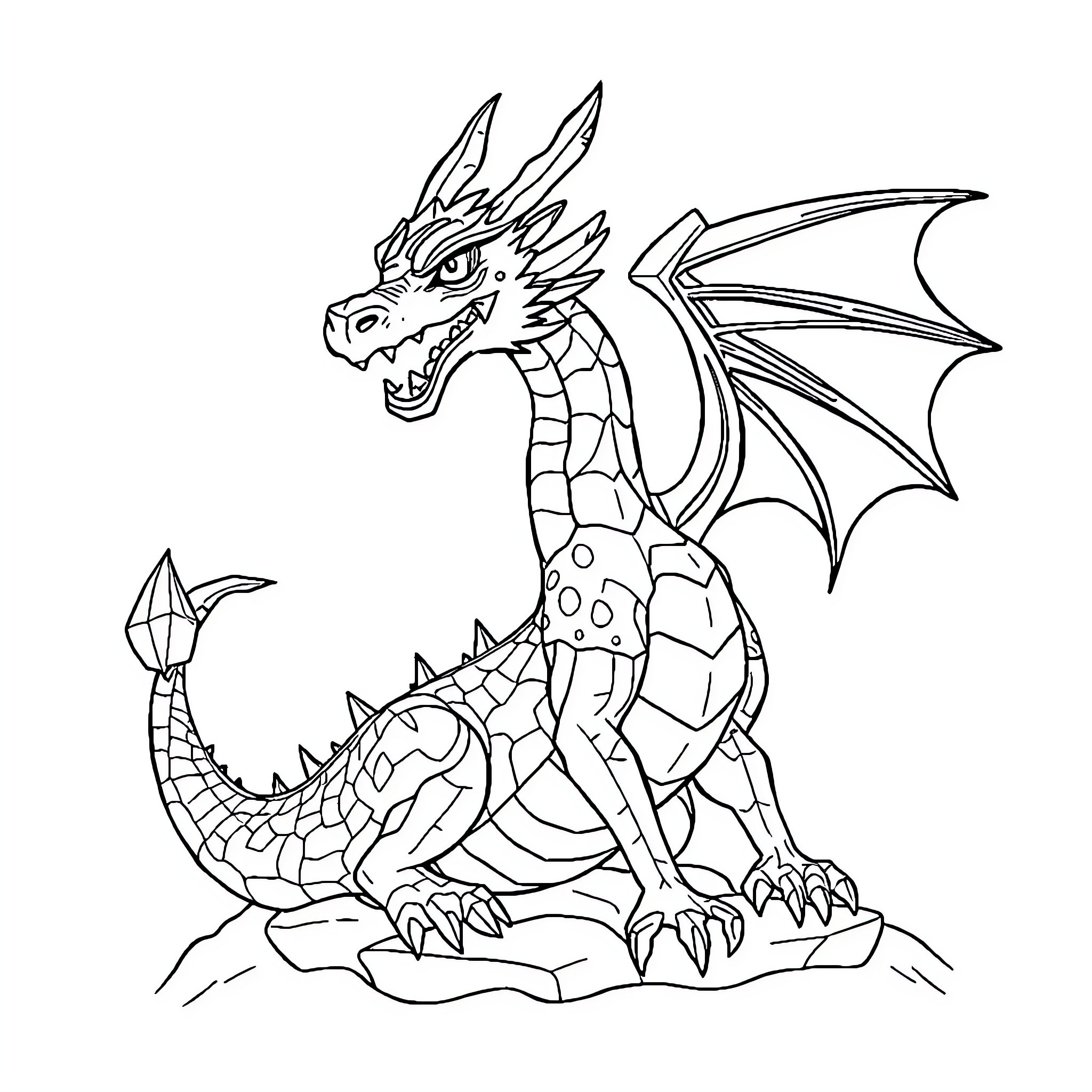 Crystal Dragon Unleashing Fiery Might Coloring Page (free black-and-white line drawing printable PDF for all, from beginners to advanced learners, including children, teens, adults, and seniors)