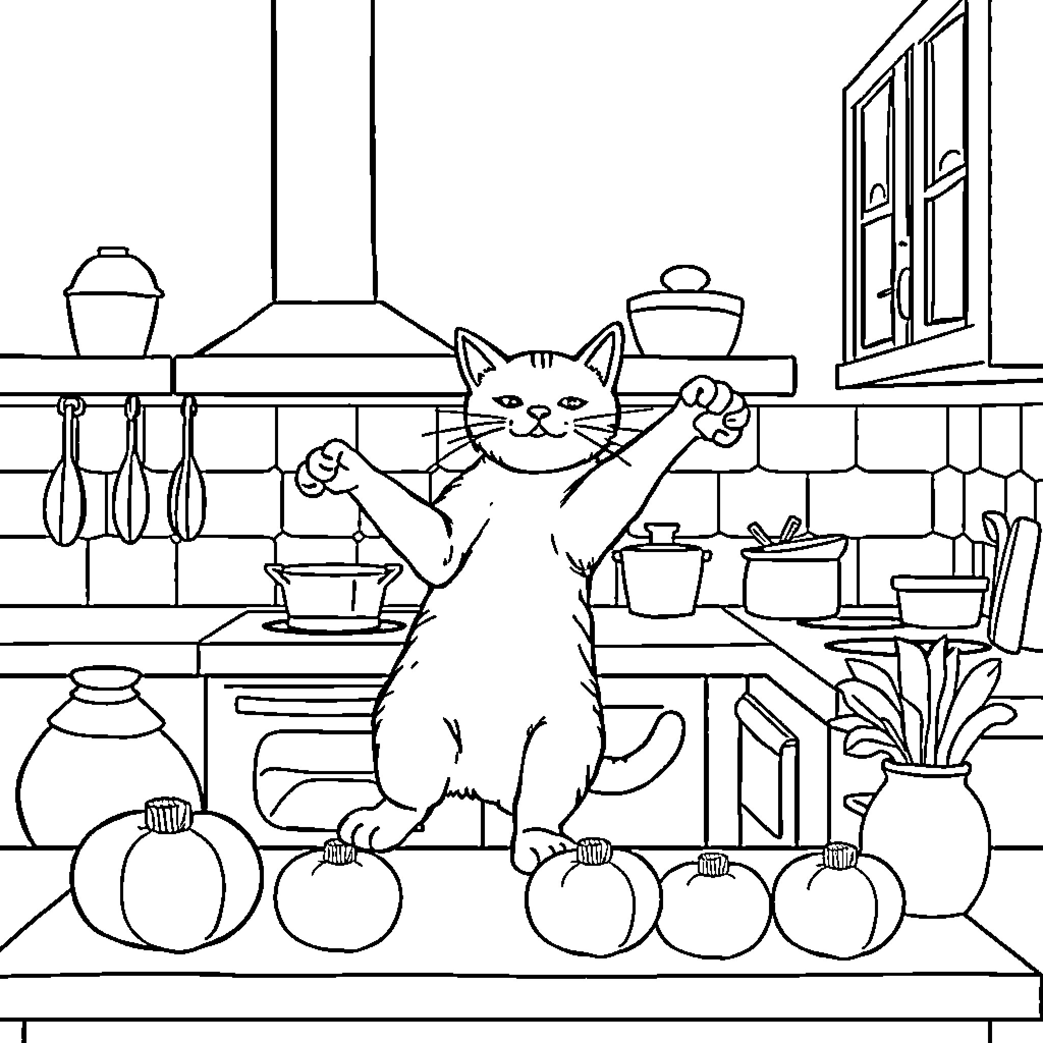 Kitty cooking in the cozy kitchen Coloring Page (free black-and-white line drawing printable PDF for all, from beginners to advanced learners, including children, teens, adults, and seniors)