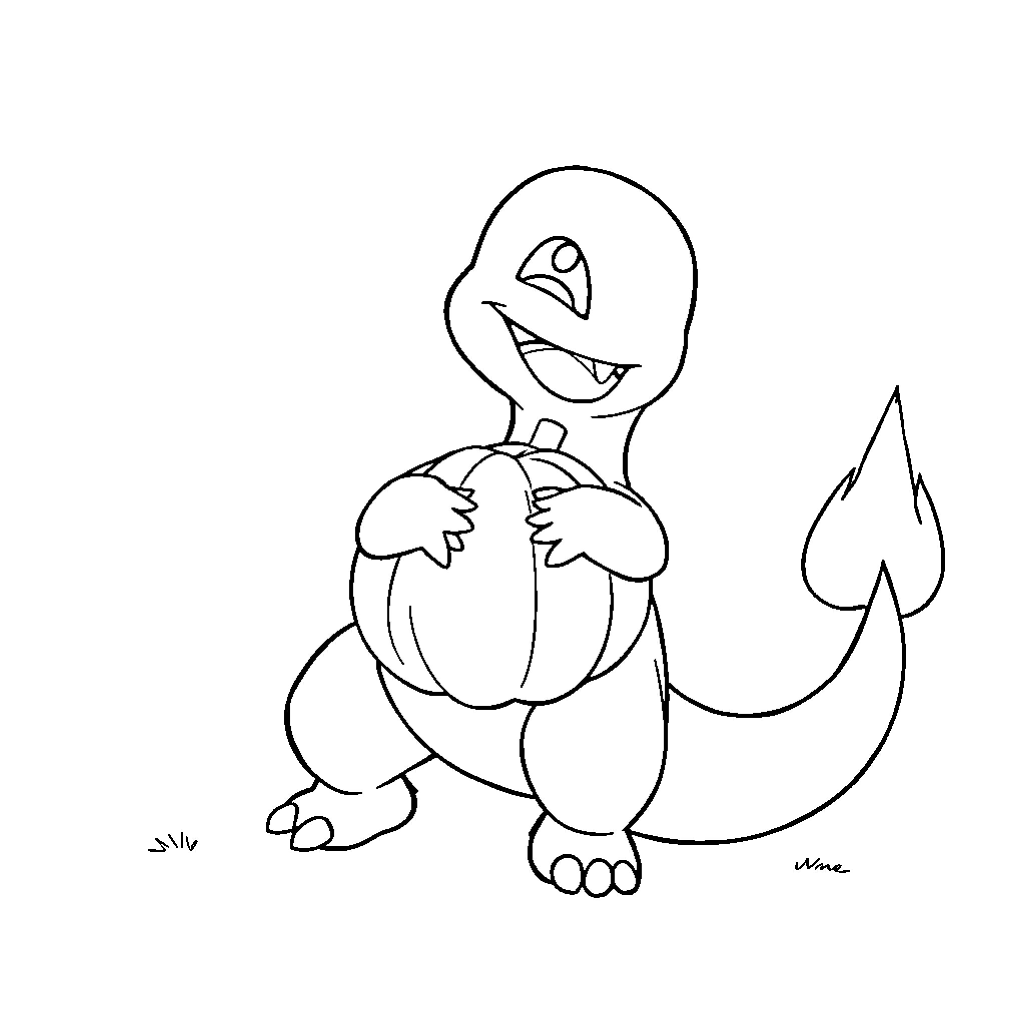 Charmander having fun with pumpkin Coloring Page (free black-and-white line drawing printable PDF for all, from beginners to advanced learners, including children, teens, adults, and seniors)