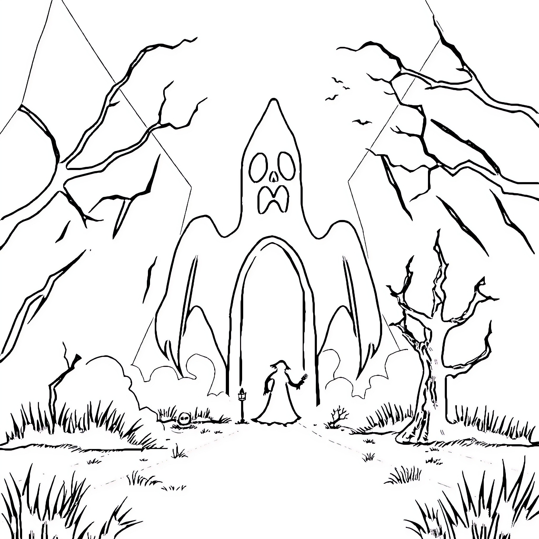 Horror Haunting Haunted House in Spooky Forest Coloring Page (free black-and-white line drawing printable PDF for all, from beginners to advanced learners, including children, teens, adults, and seniors)