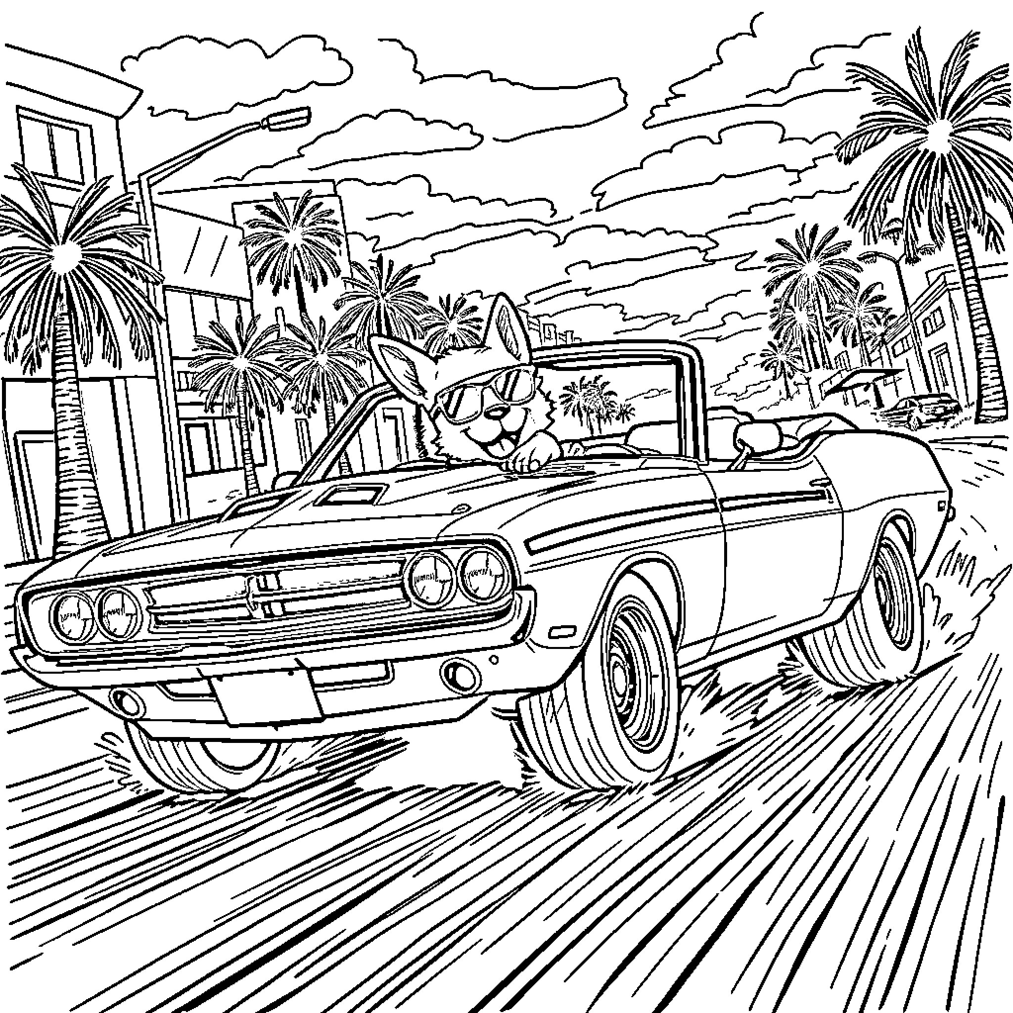 Dog driving vintage car down palm-lined street Coloring Page (free black-and-white line drawing printable PDF for all, from beginners to advanced learners, including children, teens, adults, and seniors)