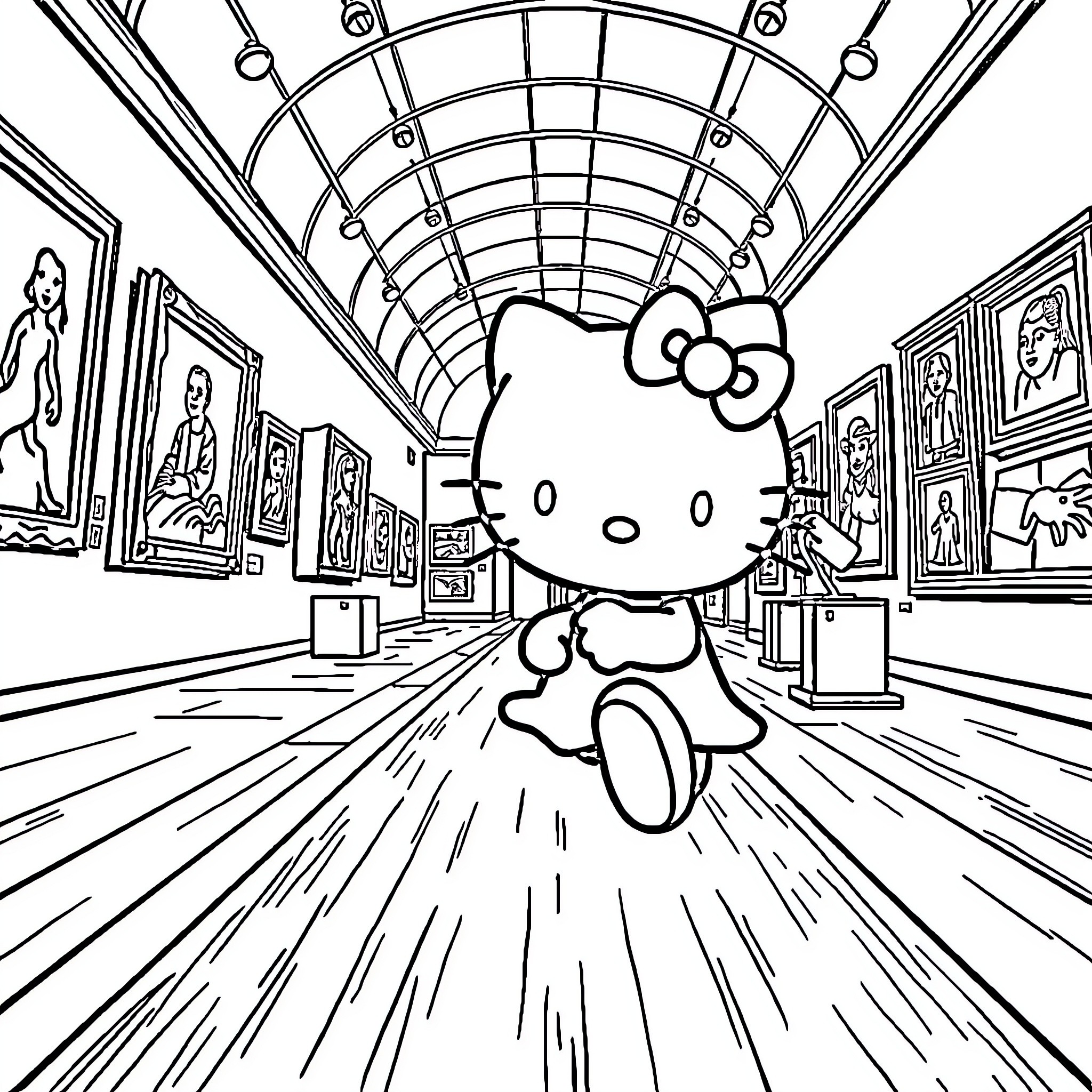 Hello Kitty explores an art gallery Coloring Page (free black-and-white line drawing printable PDF for all, from beginners to advanced learners, including children, teens, adults, and seniors)