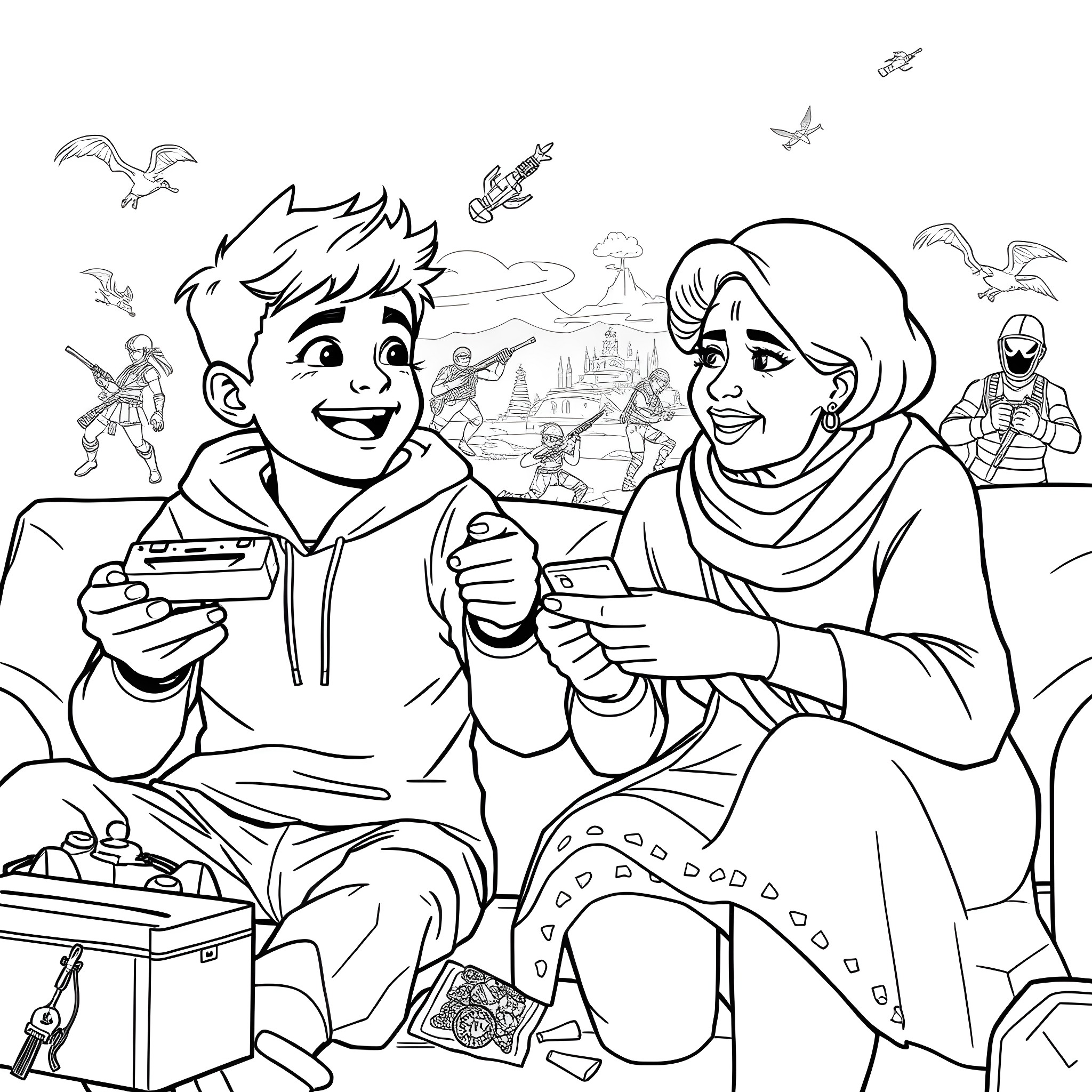 Jaxson and friend playing with video game controllers Coloring Page (free black-and-white line drawing printable PDF for all, from beginners to advanced learners, including children, teens, adults, and seniors)