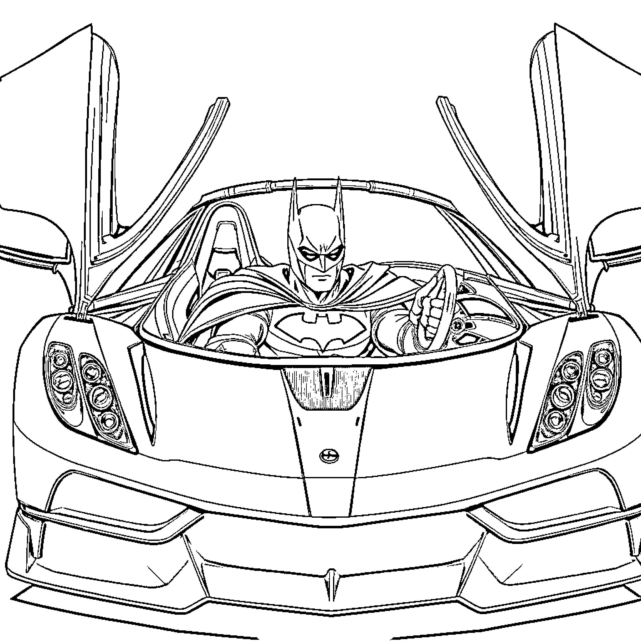 Batman in high-tech futuristic vehicle Coloring Page (free black-and-white line drawing printable PDF for all, from beginners to advanced learners, including children, teens, adults, and seniors)