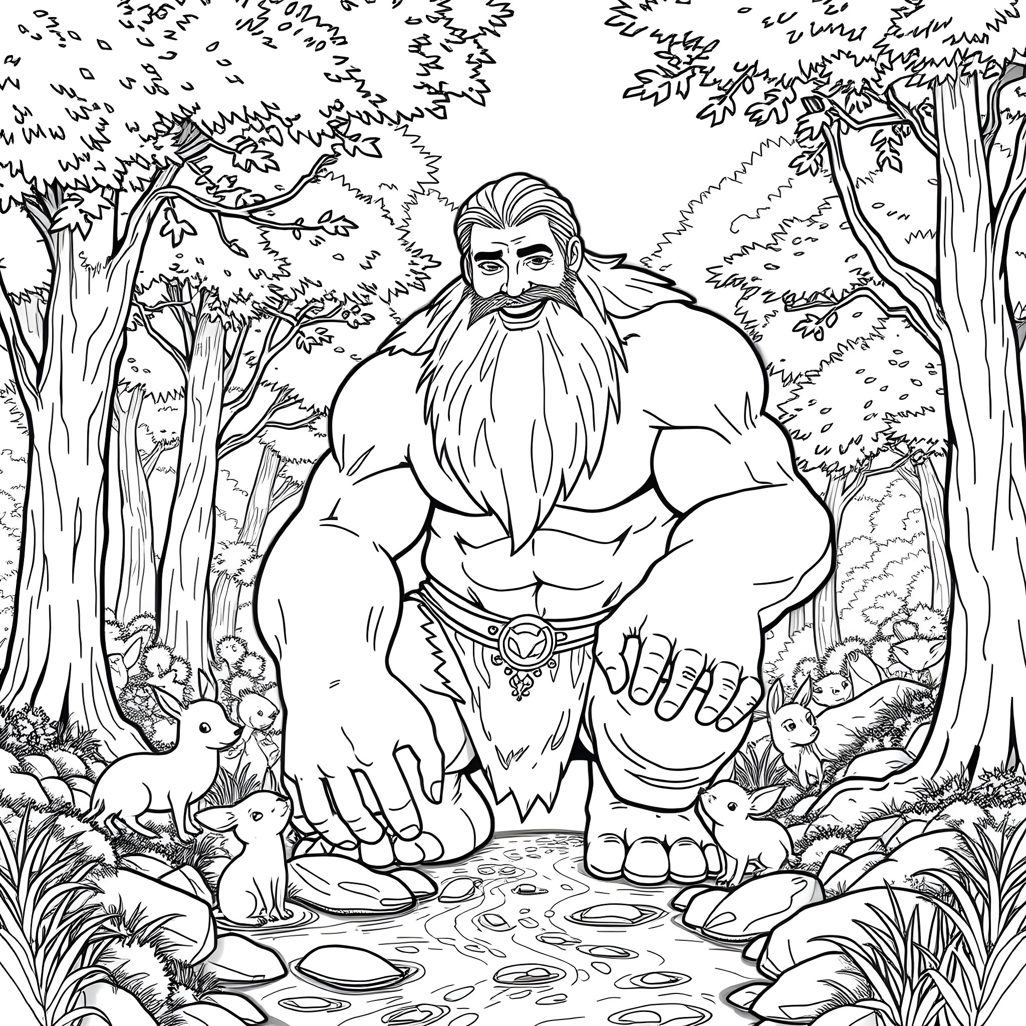 Giant Mythical Creature Interacting with Forest Animals Coloring Page (free black-and-white line drawing printable PDF for all, from beginners to advanced learners, including children, teens, adults, and seniors)
