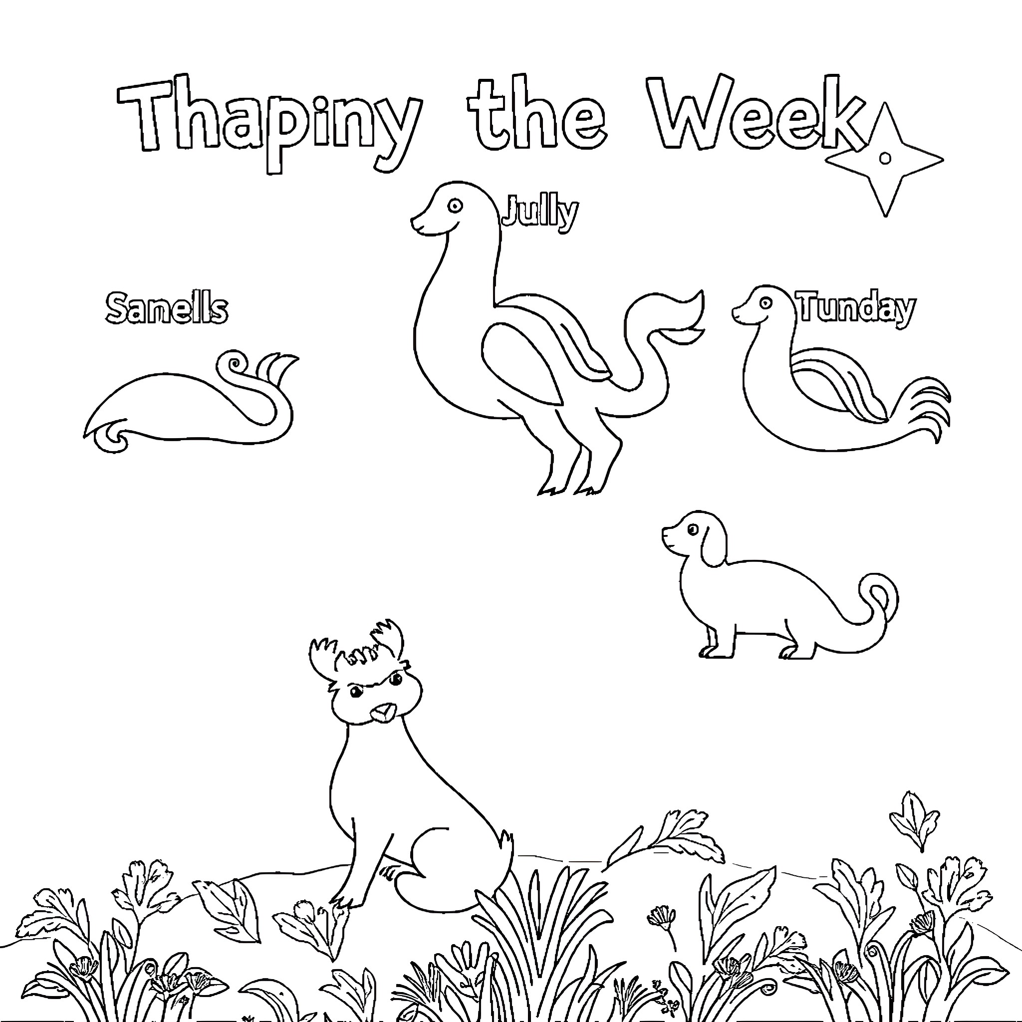 Day of the Week Dinosaur Characters Coloring Page (free black-and-white line drawing printable PDF for all, from beginners to advanced learners, including children, teens, adults, and seniors)