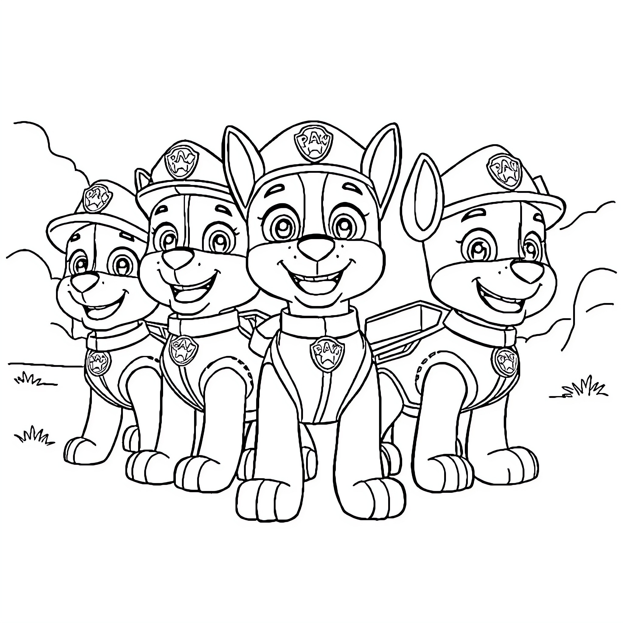 Paw Patrol Team Posing Happily Together Coloring Page (free black-and-white line drawing printable PDF for all, from beginners to advanced learners, including children, teens, adults, and seniors)