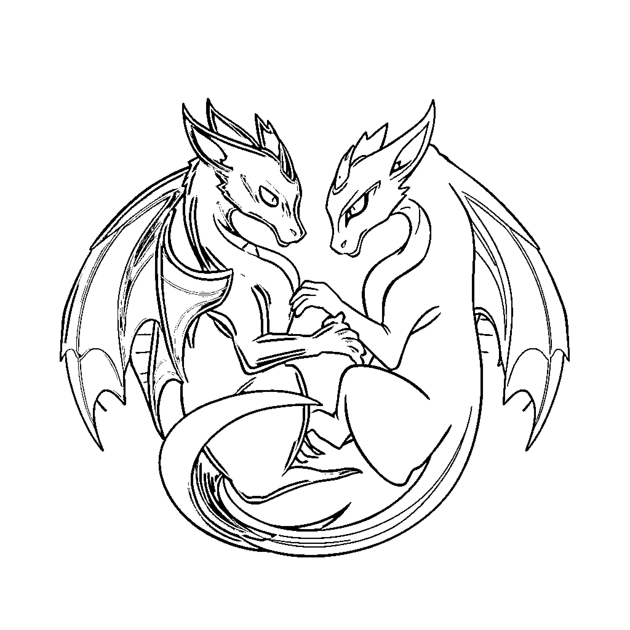 Dragon Companions Embracing in Intricate Design Coloring Page (free black-and-white line drawing printable PDF for all, from beginners to advanced learners, including children, teens, adults, and seniors)