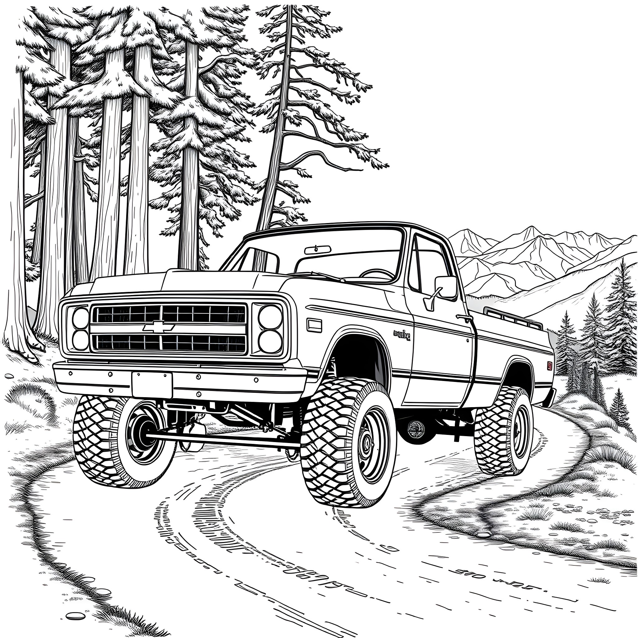 83 K10 Truck Adventure in the Snowy Forest Coloring Page (free black-and-white line drawing printable PDF for all, from beginners to advanced learners, including children, teens, adults, and seniors)