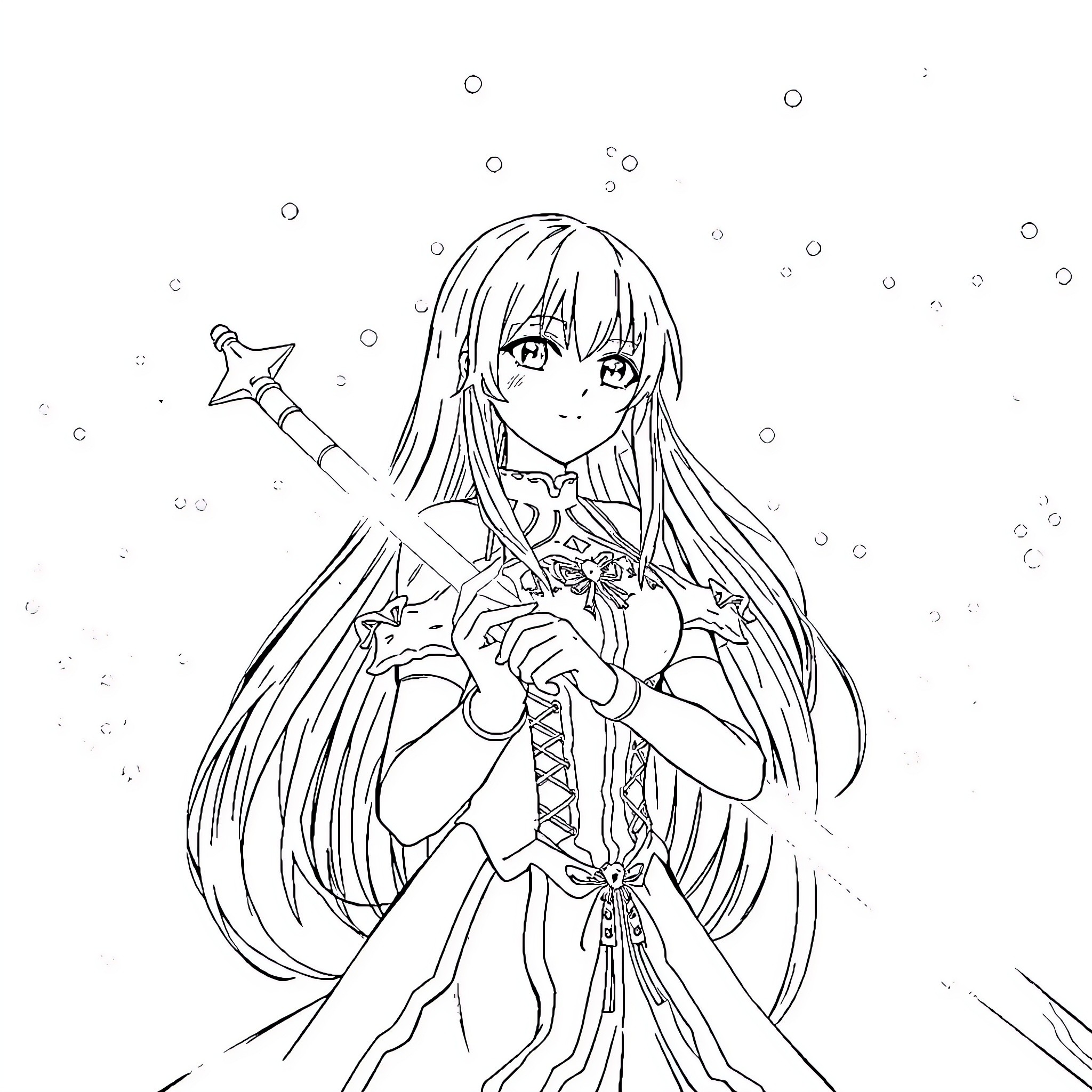 Asuna in a fantasy scene with sword and magic Coloring Page (free black-and-white line drawing printable PDF for all, from beginners to advanced learners, including children, teens, adults, and seniors)