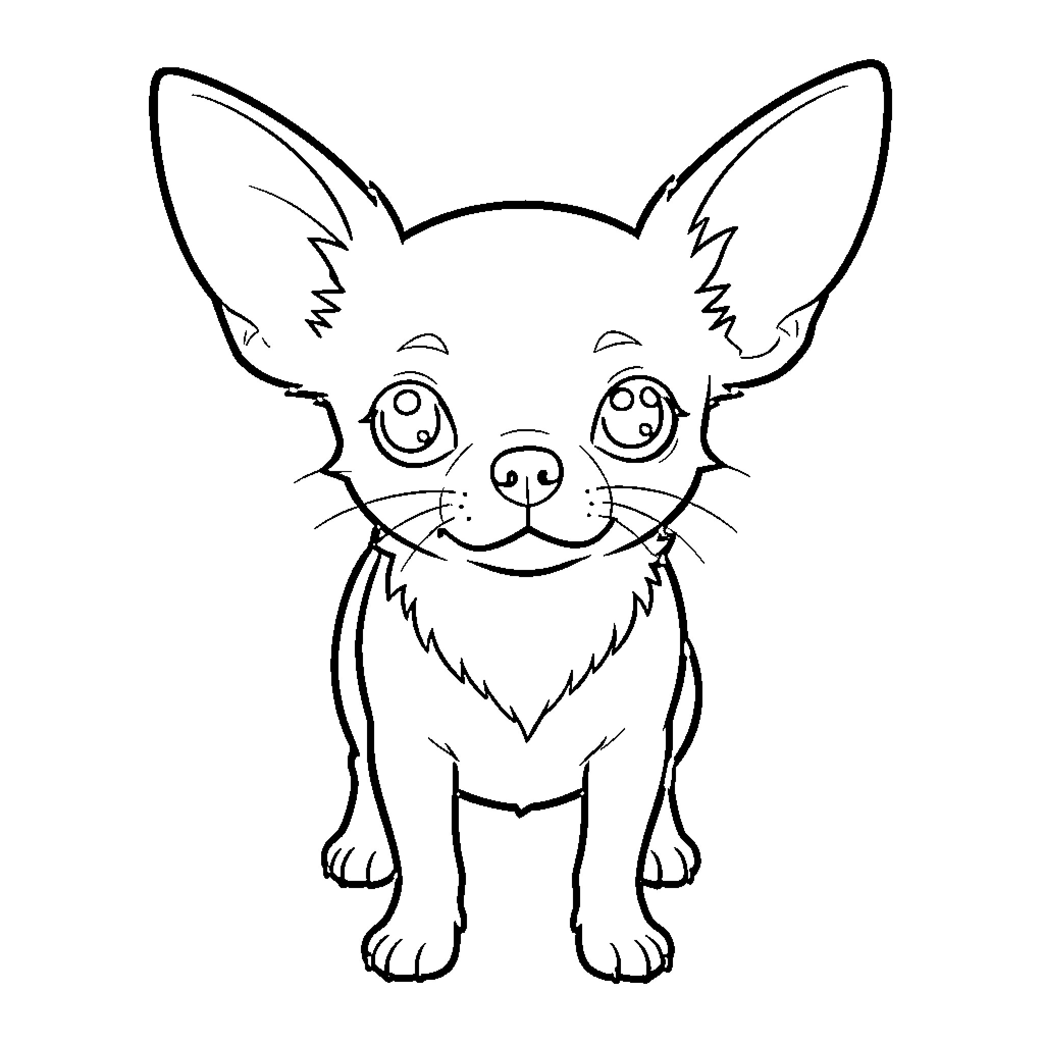 Chihuahua sitting calmly and looking forward with big eyes Coloring Page (free black-and-white line drawing printable PDF for all, from beginners to advanced learners, including children, teens, adults, and seniors)