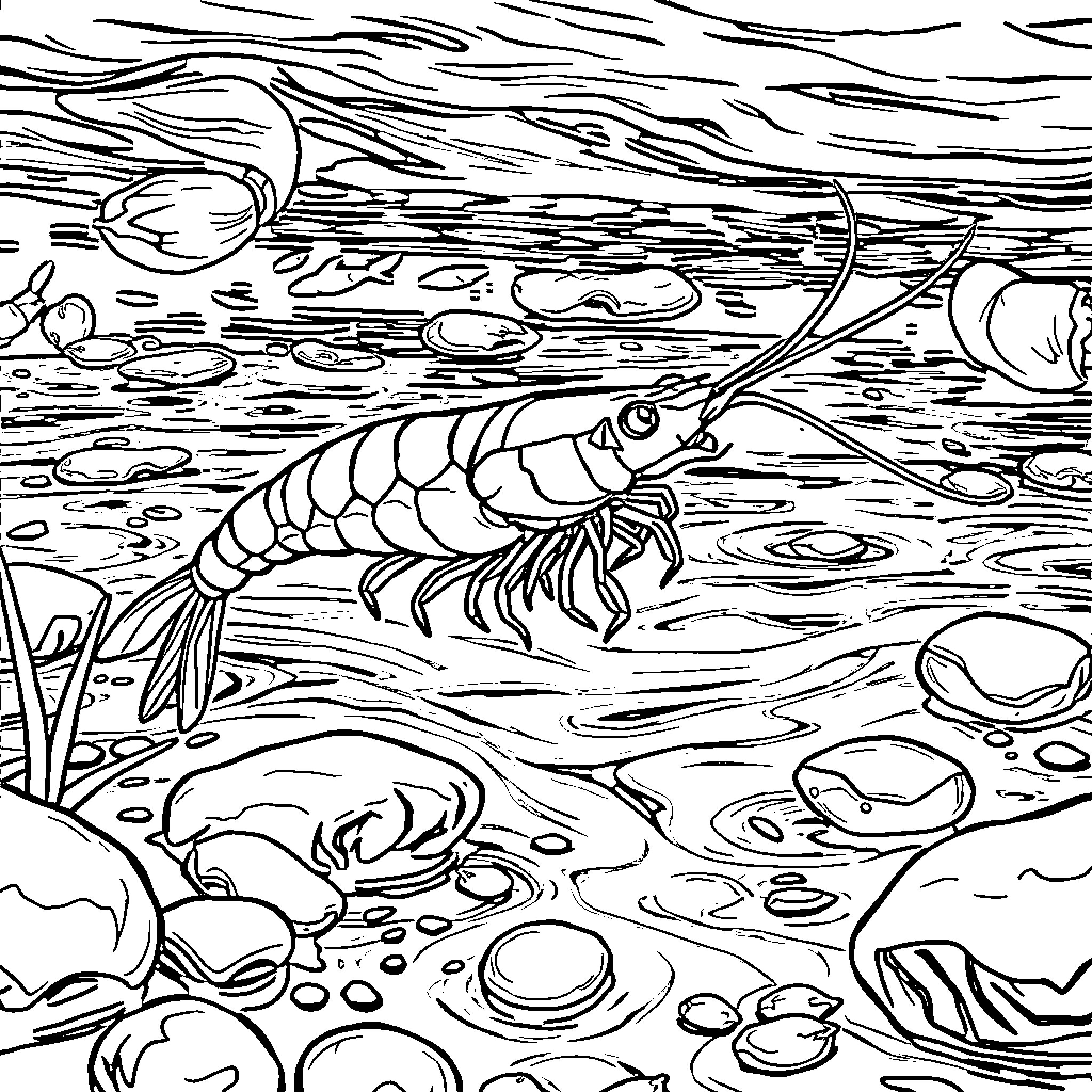 Shrimp swimming among aquatic life in the water Coloring Page (free black-and-white line drawing printable PDF for all, from beginners to advanced learners, including children, teens, adults, and seniors)