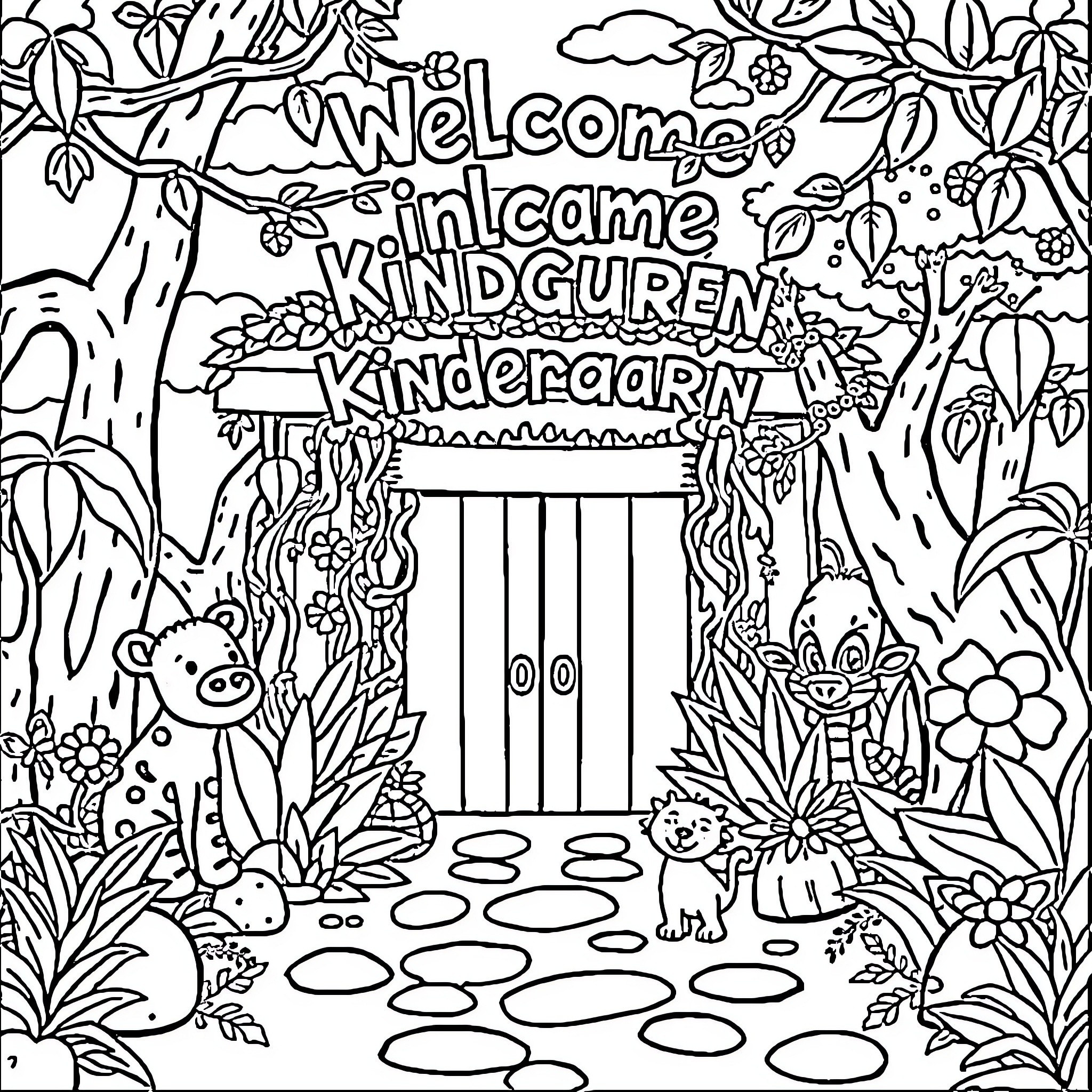 Animal Welcoming Scene at Kindergarten Coloring Page (free black-and-white line drawing printable PDF for all, from beginners to advanced learners, including children, teens, adults, and seniors)