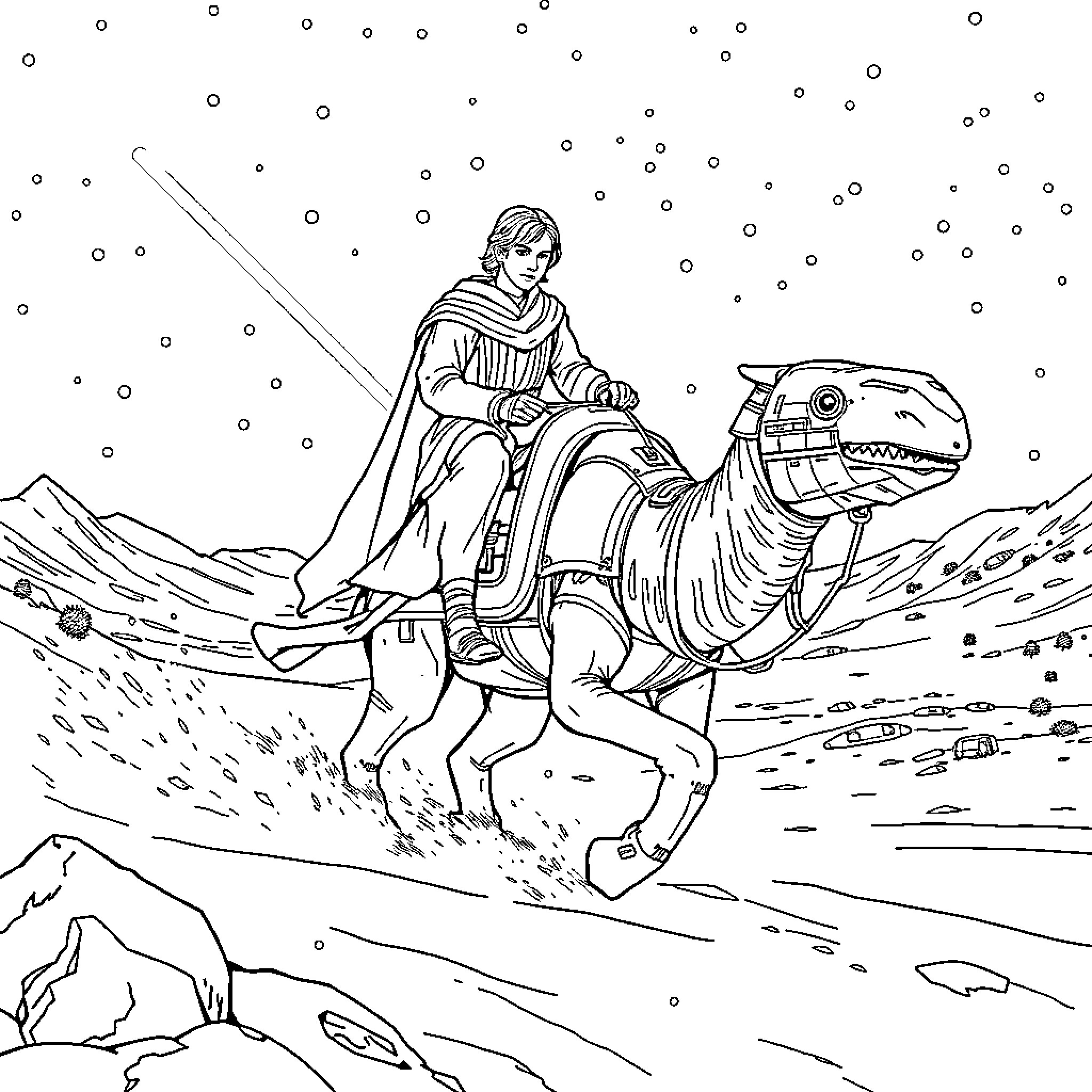 Anakin Skywalker rides a giant creature through a snowy landscape Coloring Page (free black-and-white line drawing printable PDF for all, from beginners to advanced learners, including children, teens, adults, and seniors)