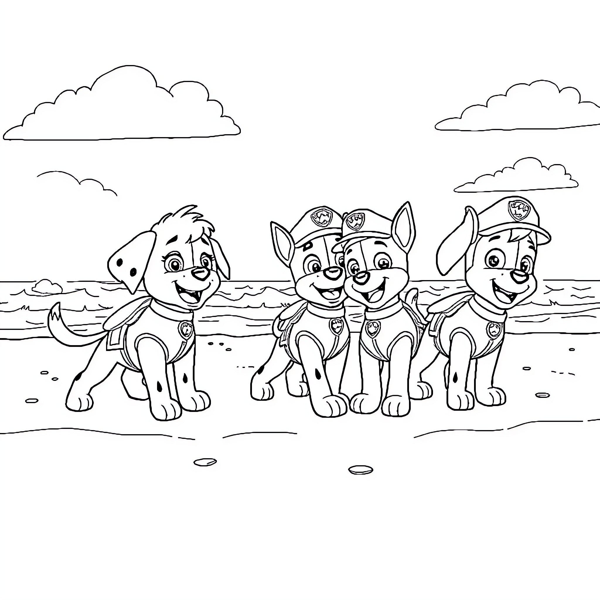 Paw Patrol puppies enjoying a day at the beach Coloring Page (free black-and-white line drawing printable PDF for all, from beginners to advanced learners, including children, teens, adults, and seniors)