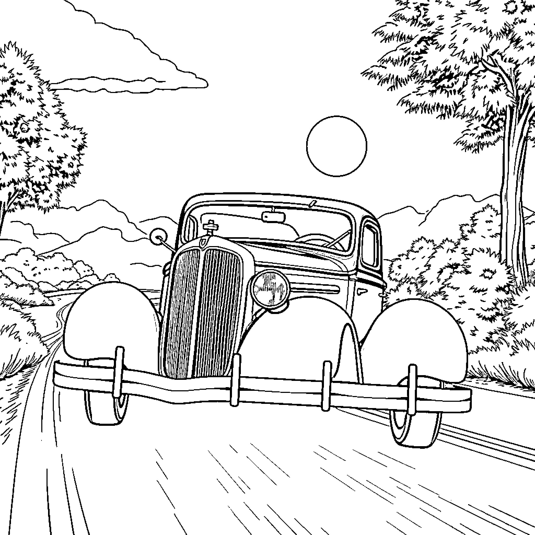 Car Traveling Down a Country Road Coloring Page (free black-and-white line drawing printable PDF for all, from beginners to advanced learners, including children, teens, adults, and seniors)
