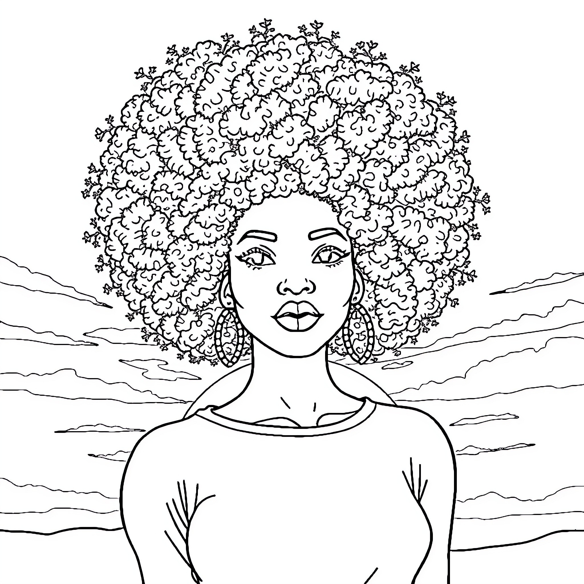 Woman with curly hair in nature Coloring Page (free black-and-white line drawing printable PDF for all, from beginners to advanced learners, including children, teens, adults, and seniors)