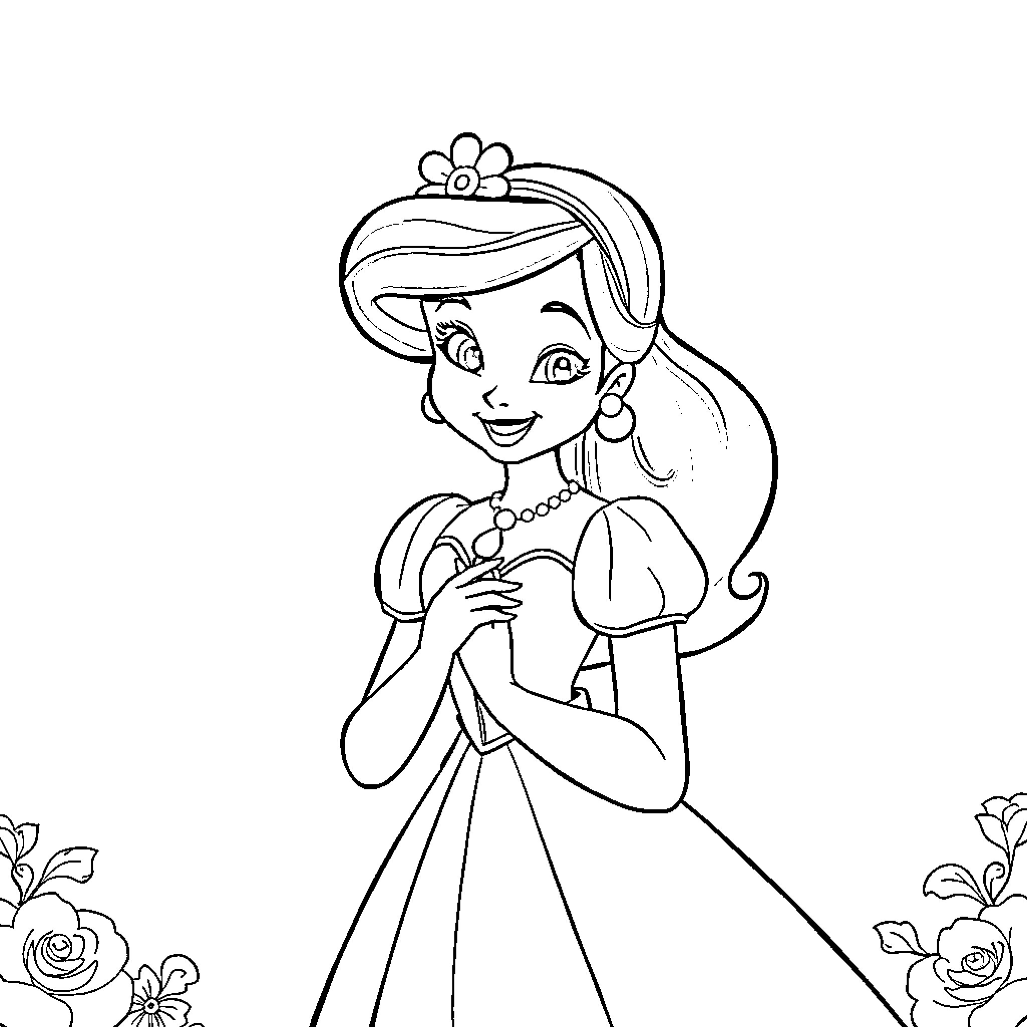 Mère de Mirabelle: Young girl in elegant dress and floral crown Coloring Page (free black-and-white line drawing printable PDF for all, from beginners to advanced learners, including children, teens, adults, and seniors)