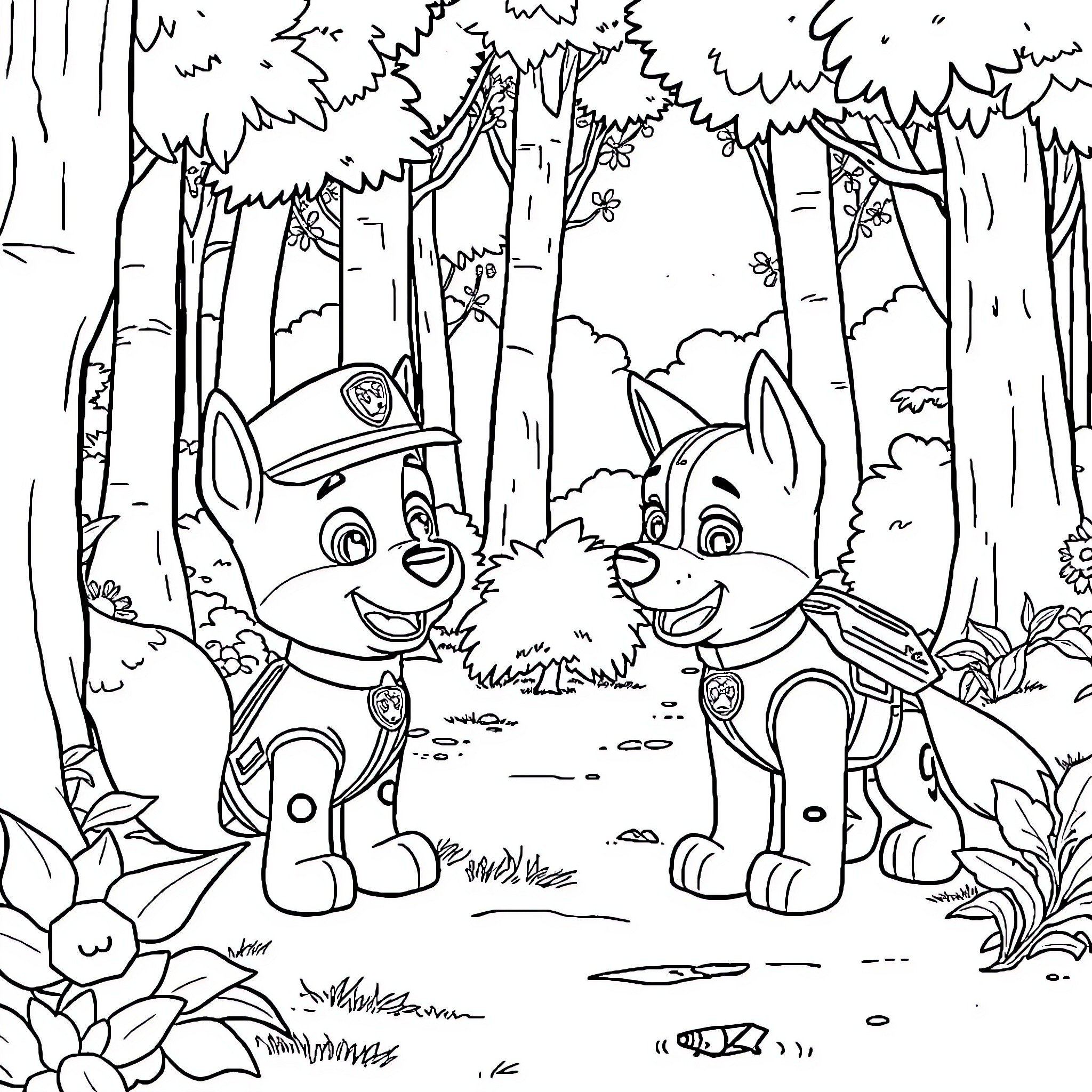 Marshall's Pups Exploring the Enchanted Forest Coloring Page (free black-and-white line drawing printable PDF for all, from beginners to advanced learners, including children, teens, adults, and seniors)