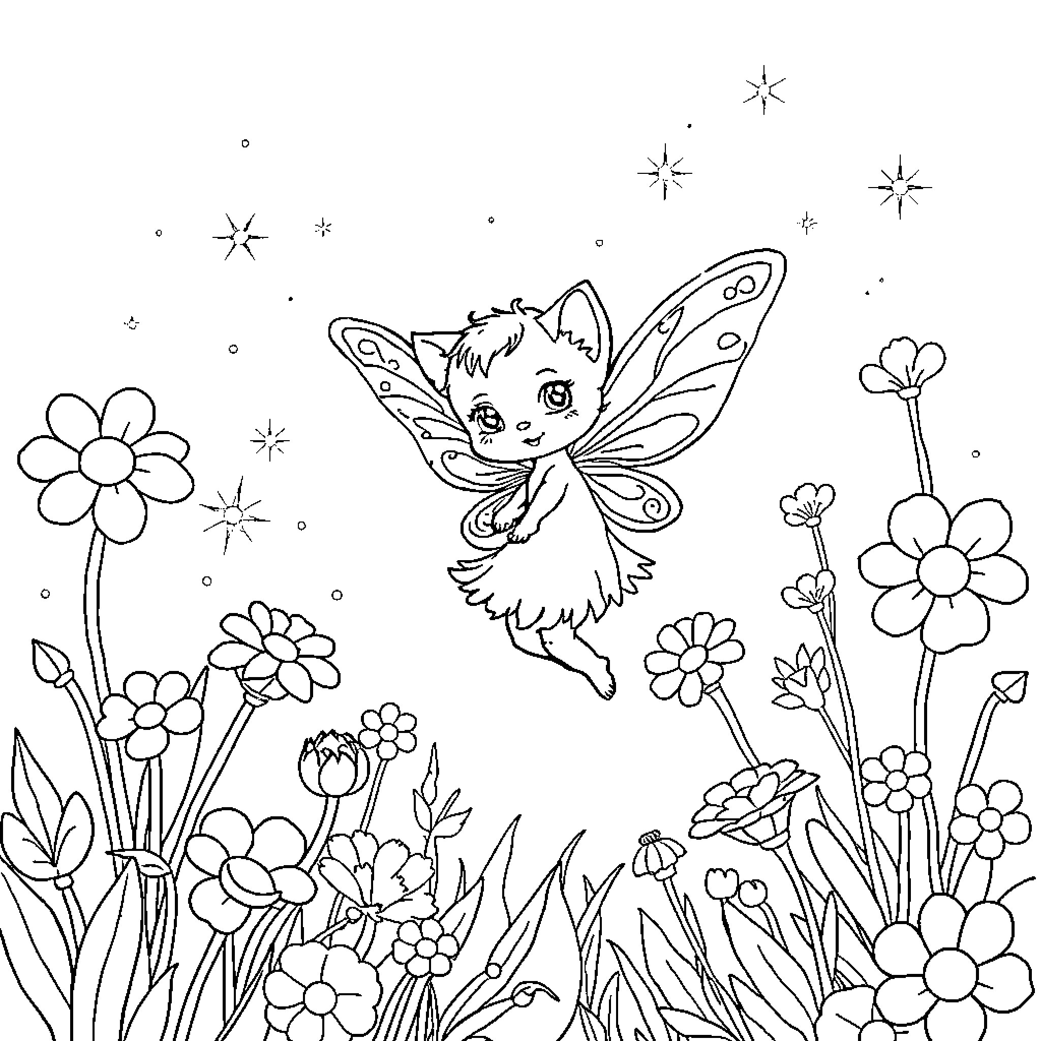 Kitty Fairy Playfully Dancing Among Flowers Coloring Page (free black-and-white line drawing printable PDF for all, from beginners to advanced learners, including children, teens, adults, and seniors)