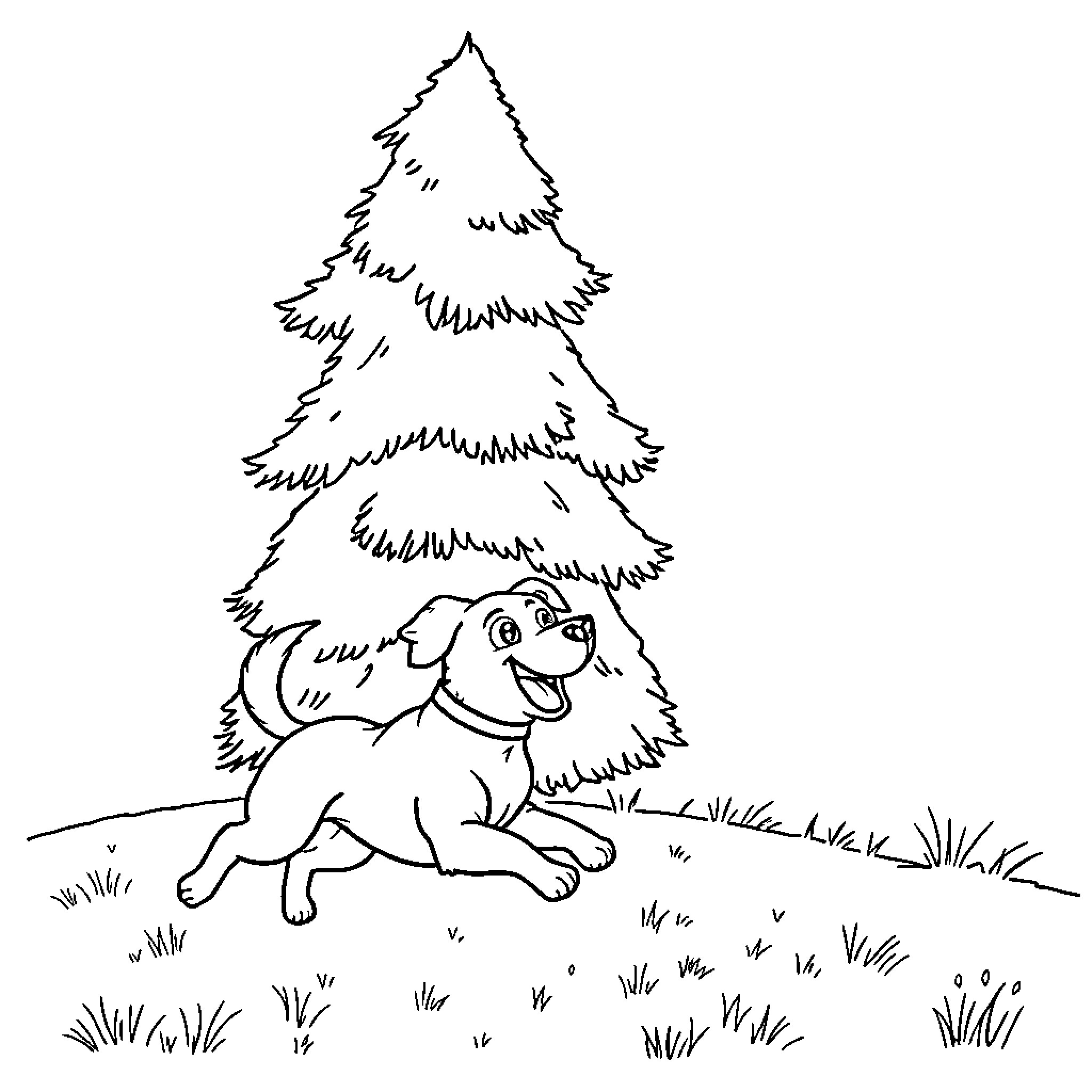 Dog exploring a snowy pine forest Coloring Page (free black-and-white line drawing printable PDF for all, from beginners to advanced learners, including children, teens, adults, and seniors)