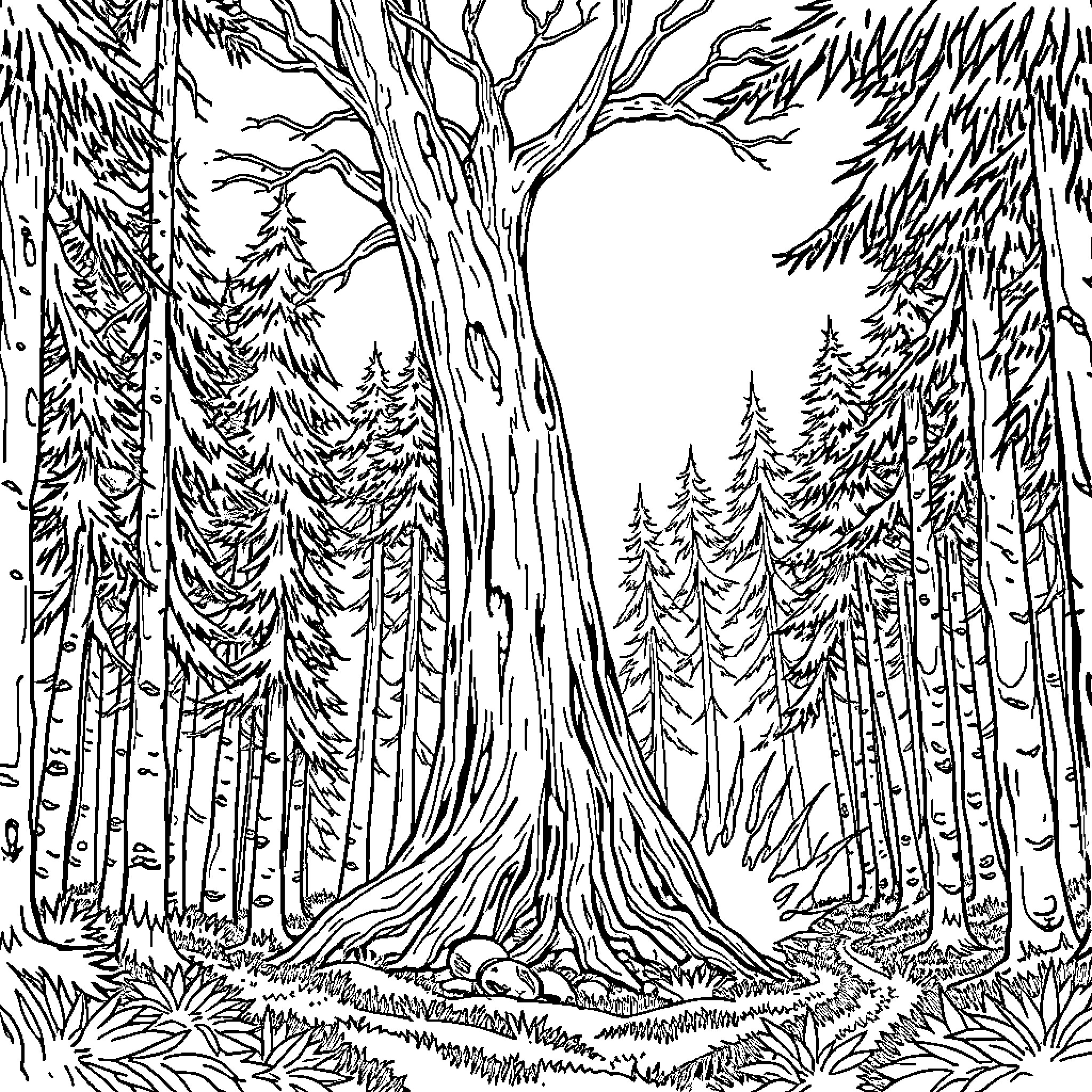 Woody's Wilderness: Enchanted Forest Scene Coloring Page (free black-and-white line drawing printable PDF for all, from beginners to advanced learners, including children, teens, adults, and seniors)