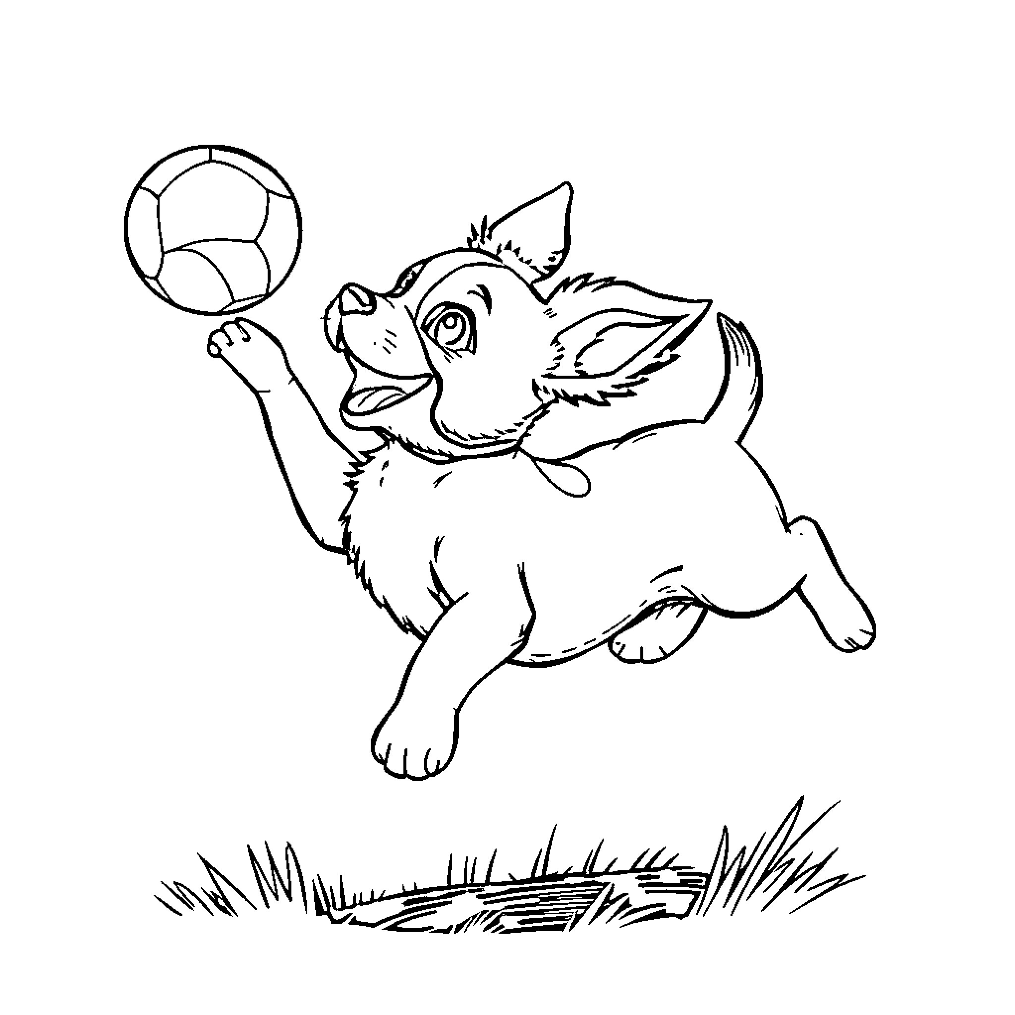 Dog playing happily with ball in field Coloring Page (free black-and-white line drawing printable PDF for all, from beginners to advanced learners, including children, teens, adults, and seniors)