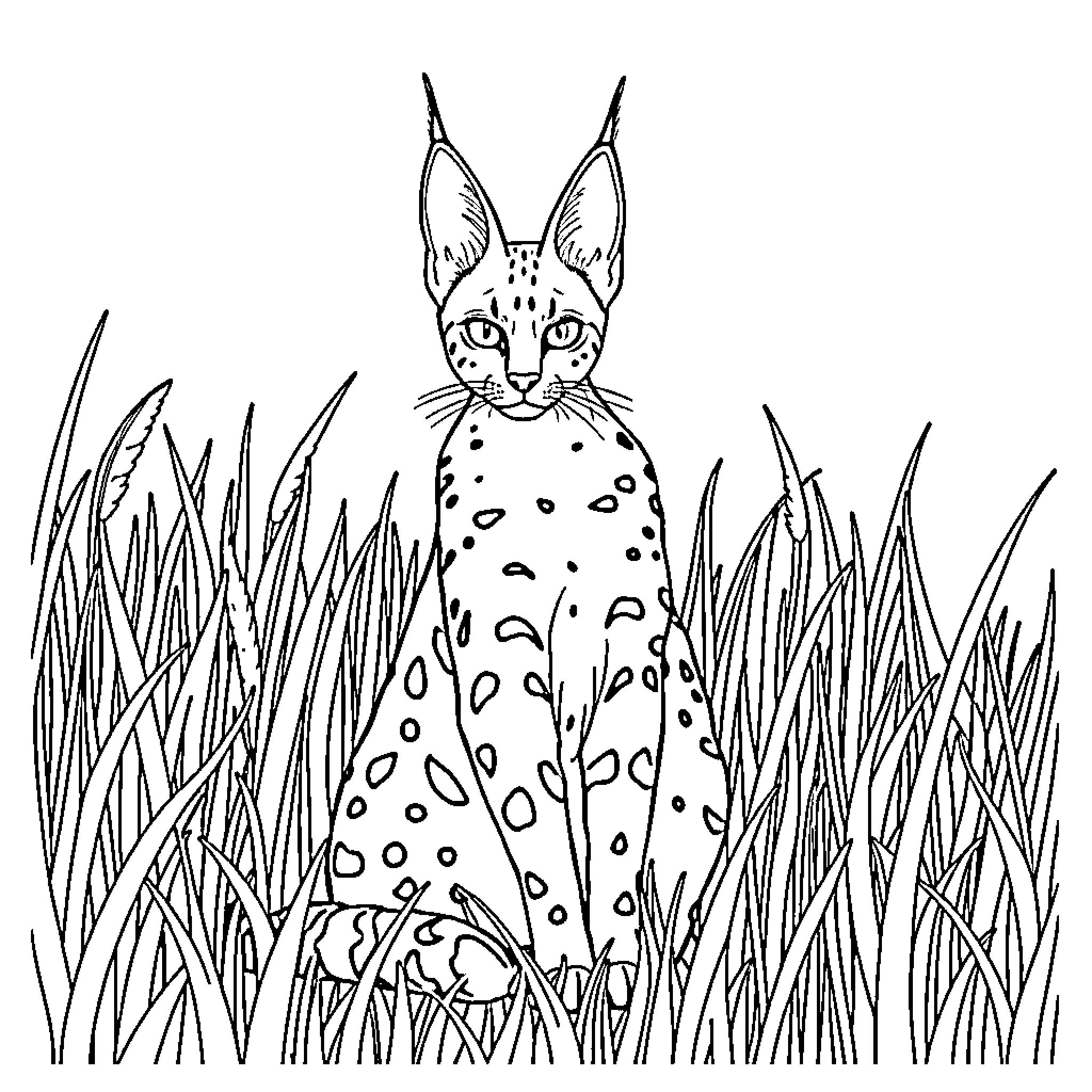 Serval peeking out from tall grass Coloring Page (free black-and-white line drawing printable PDF for all, from beginners to advanced learners, including children, teens, adults, and seniors)