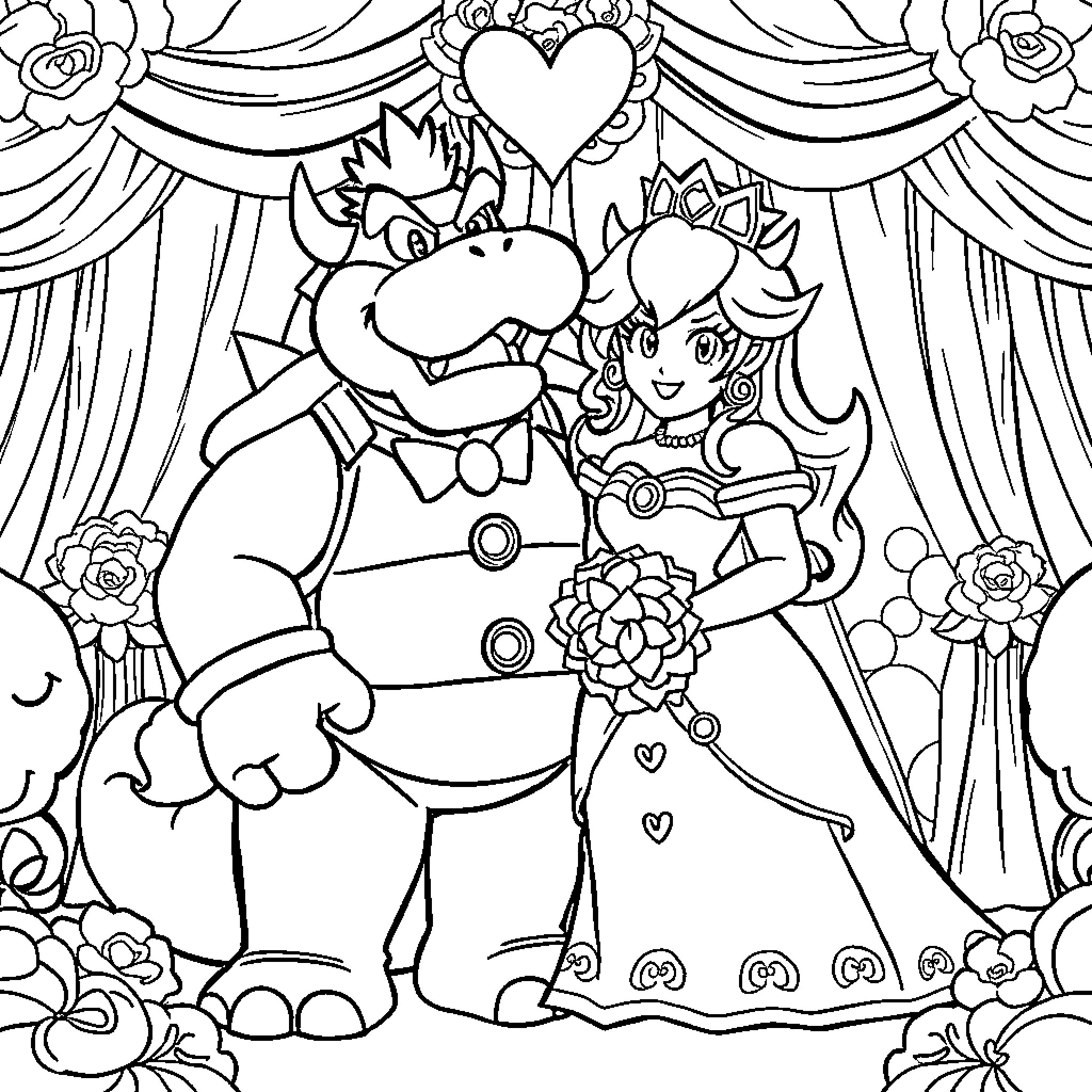 Bowser and Princess in an Elegant Floral Scene Coloring Page (free black-and-white line drawing printable PDF for all, from beginners to advanced learners, including children, teens, adults, and seniors)