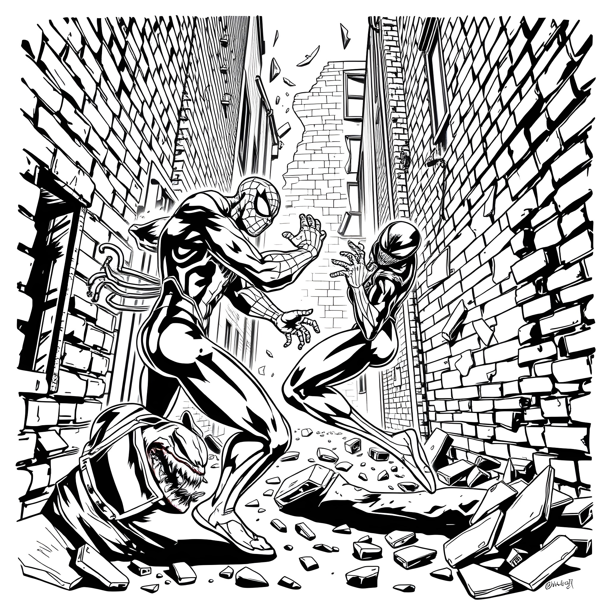 Spiderman heroic action in the city Coloring Page (free black-and-white line drawing printable PDF for all, from beginners to advanced learners, including children, teens, adults, and seniors)