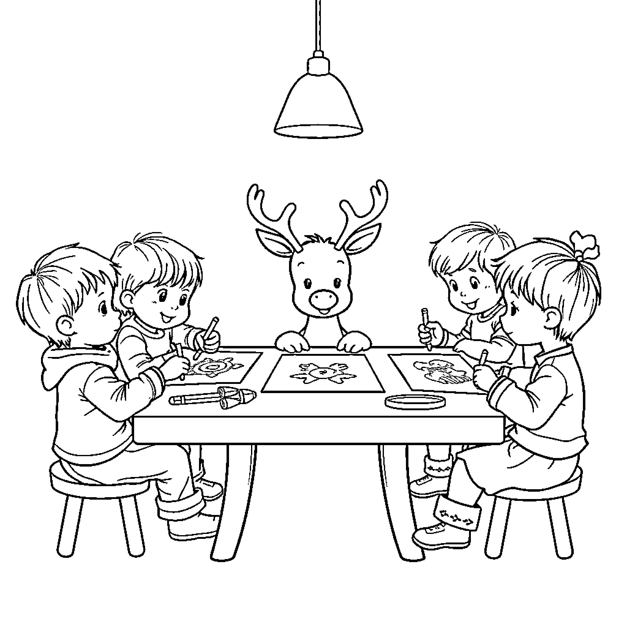 Reindeer assisting children with arts and crafts Coloring Page (free black-and-white line drawing printable PDF for all, from beginners to advanced learners, including children, teens, adults, and seniors)