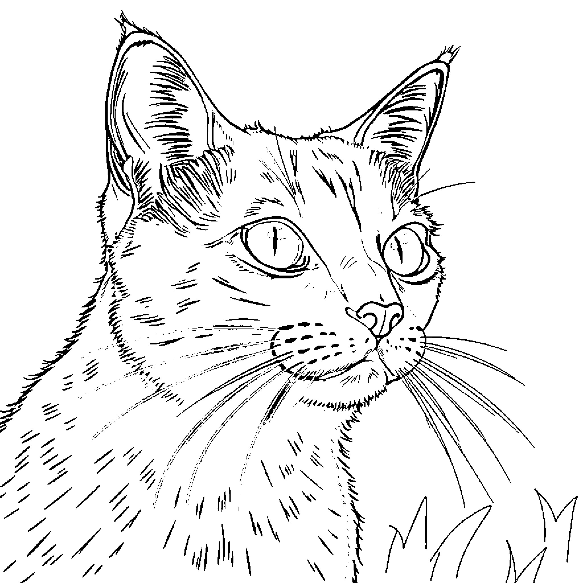 Cat portrait with captivating eyes Coloring Page (free black-and-white line drawing printable PDF for all, from beginners to advanced learners, including children, teens, adults, and seniors)